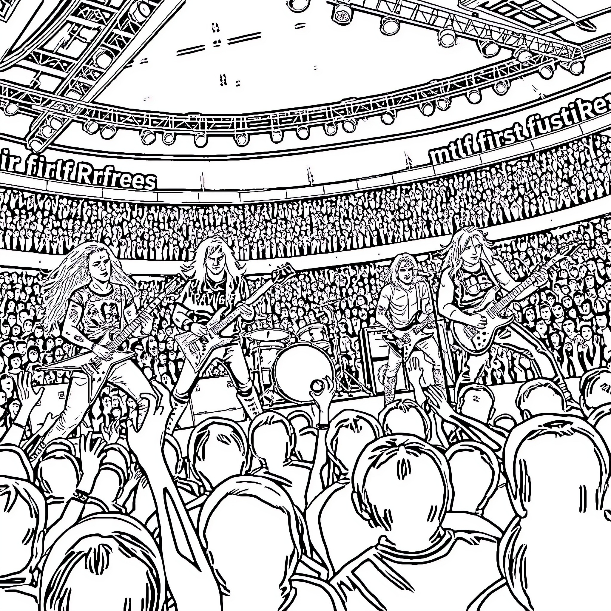 Band performing energetically on stage for large crowd Coloring Page (free black-and-white line drawing printable PDF for all, from beginners to advanced learners, including children, teens, adults, and seniors)