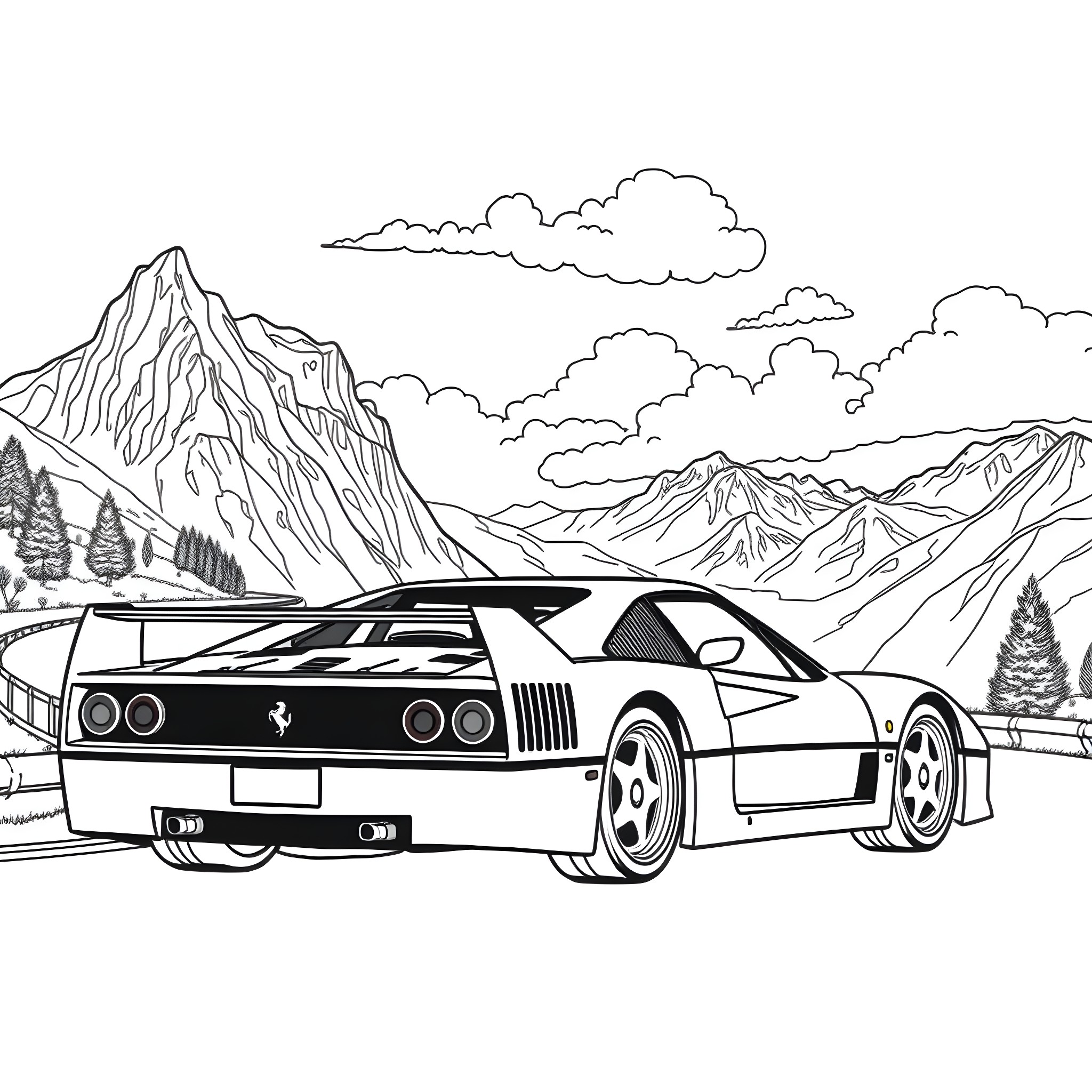 Ferrari sports car racing through mountain landscape Coloring Page (free black-and-white line drawing printable PDF for all, from beginners to advanced learners, including children, teens, adults, and seniors)