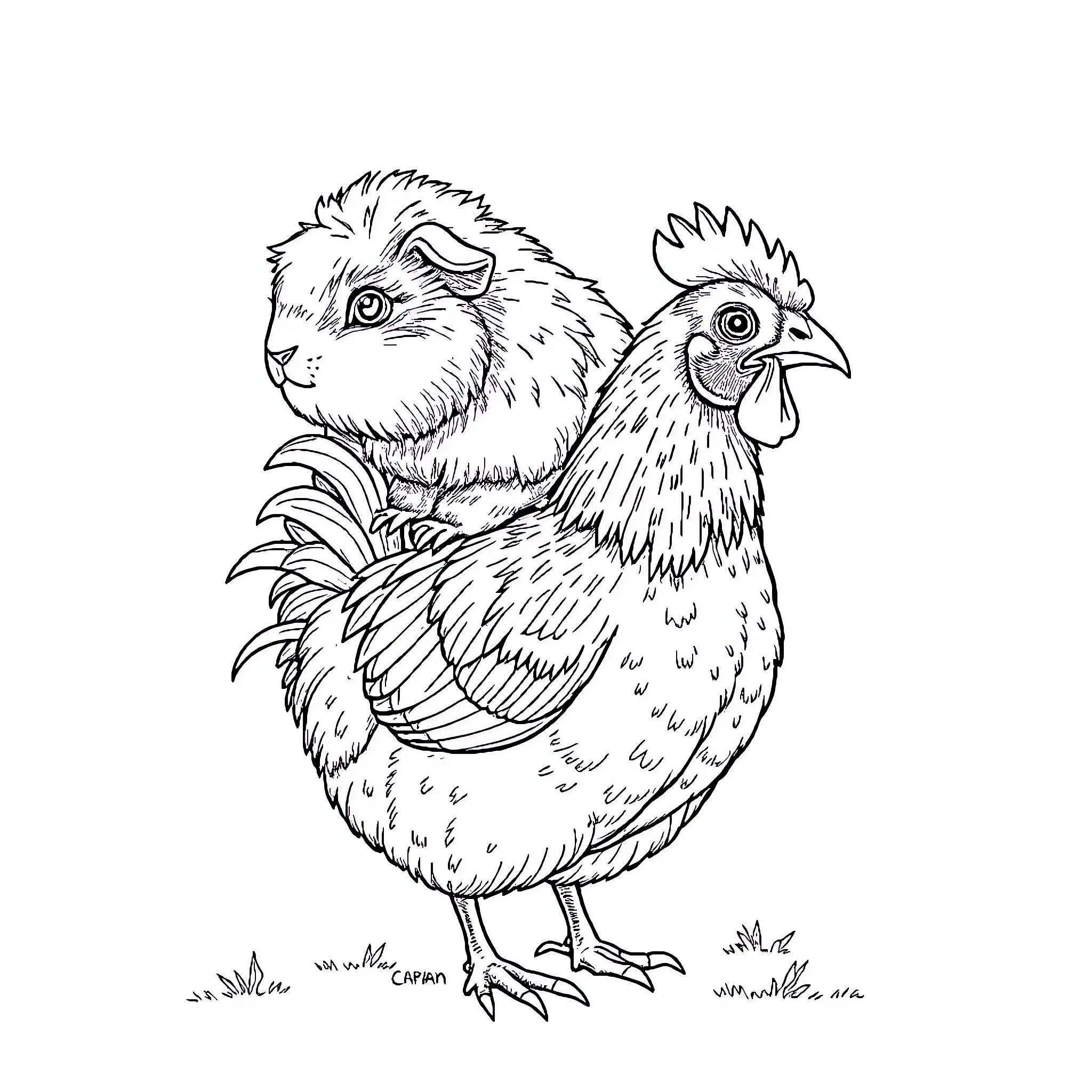Guinea Pig and Chicken Coexisting in Harmony Coloring Page (free black-and-white line drawing printable PDF for all, from beginners to advanced learners, including children, teens, adults, and seniors)