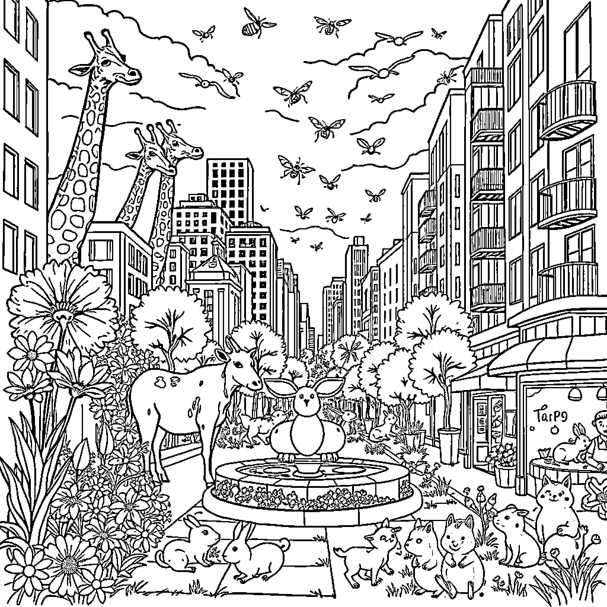 Animal fantasy in the urban city Coloring Page (free black-and-white line drawing printable PDF for all, from beginners to advanced learners, including children, teens, adults, and seniors)