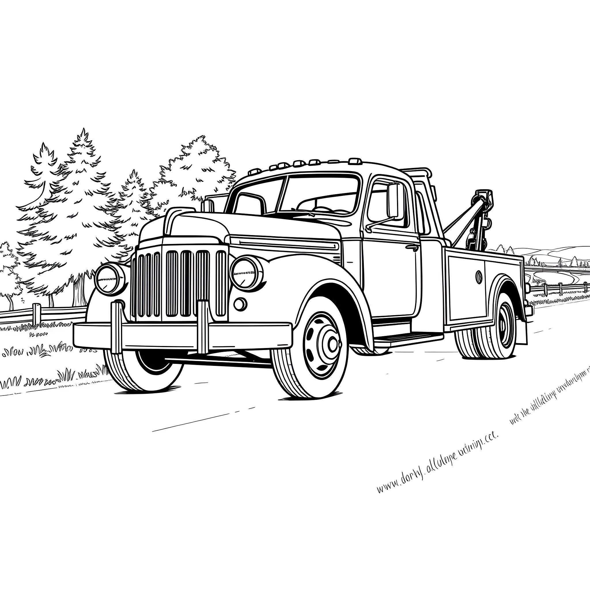 Tow Truck Towing an Old Vintage Vehicle in the Countryside Coloring Page (free black-and-white line drawing printable PDF for all, from beginners to advanced learners, including children, teens, adults, and seniors)