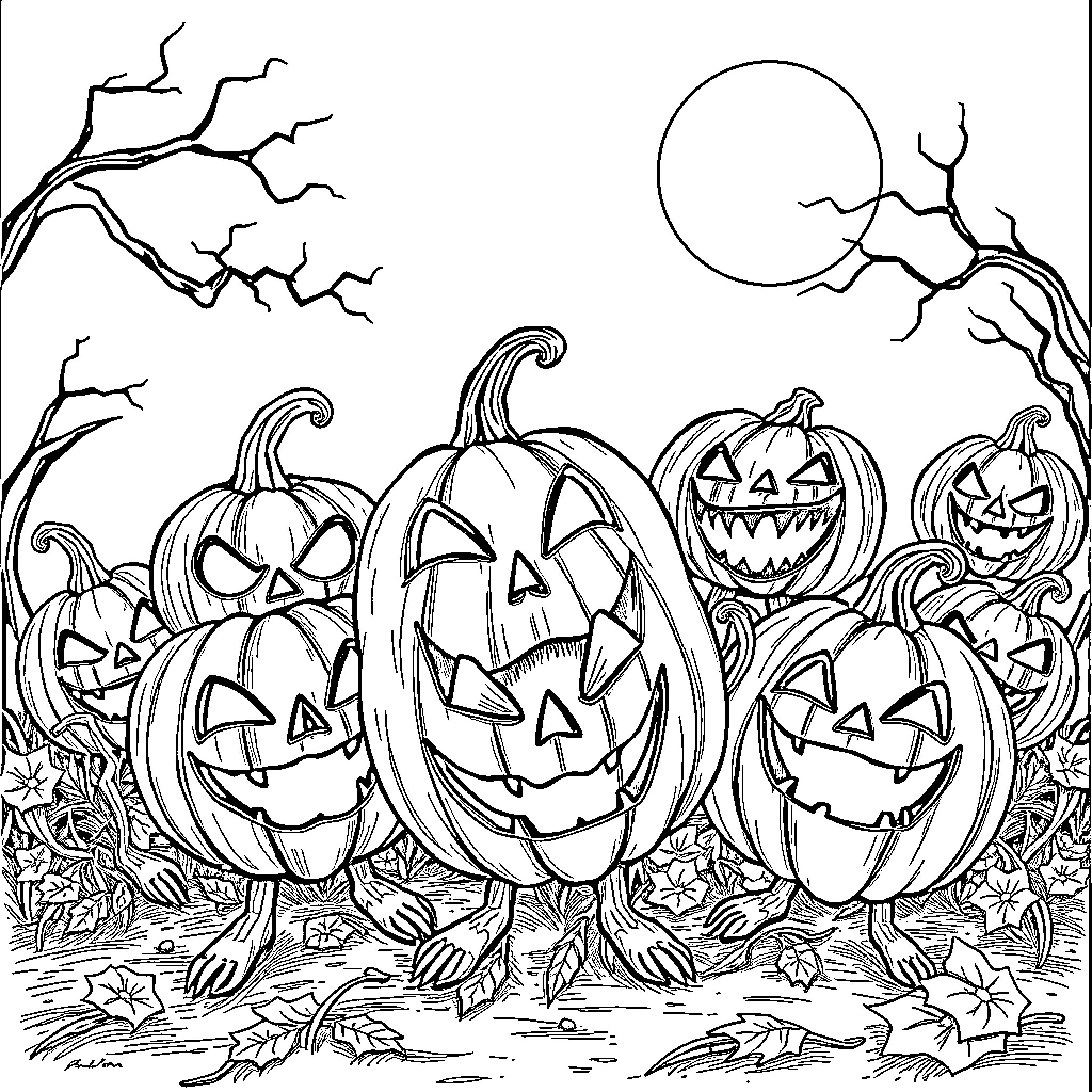 Pumpkin Patch with Carved Jack-o'-lanterns Coloring Page (free black-and-white line drawing printable PDF for all, from beginners to advanced learners, including children, teens, adults, and seniors)