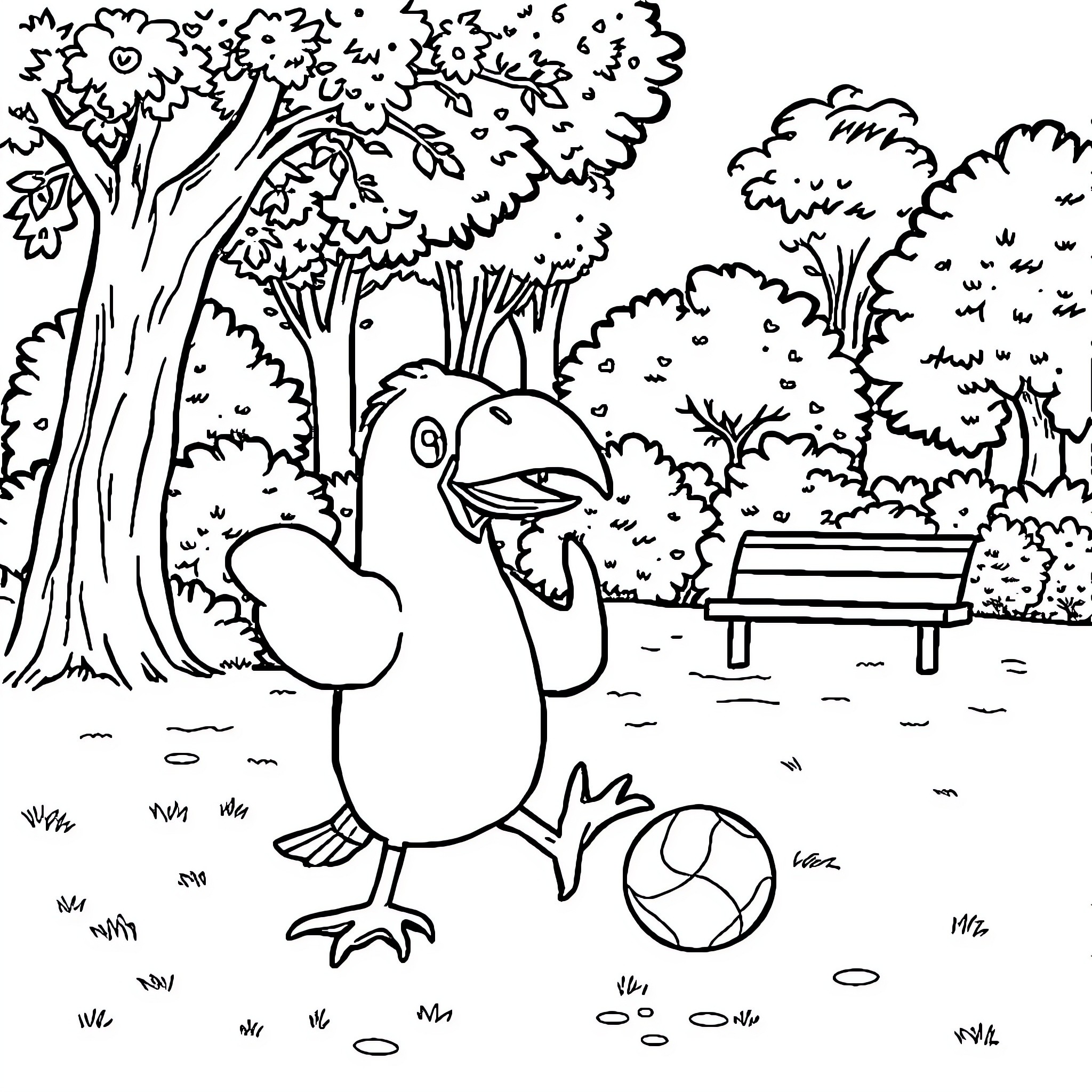 Duck playing with a ball in the park Coloring Page (free black-and-white line drawing printable PDF for all, from beginners to advanced learners, including children, teens, adults, and seniors)