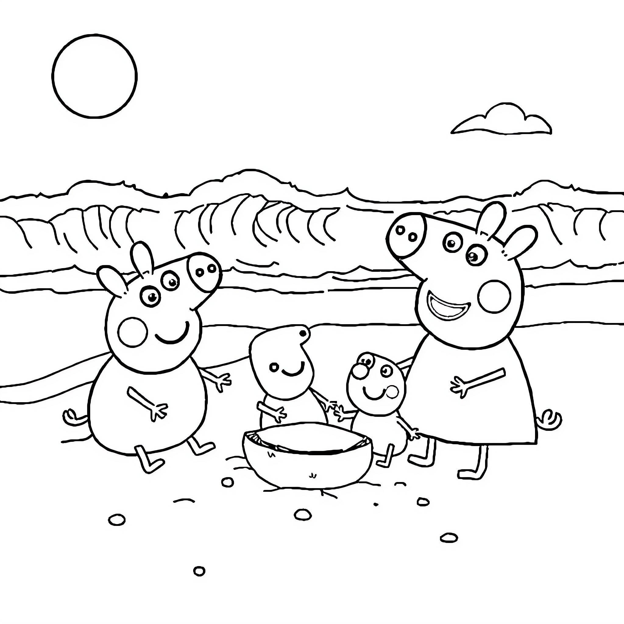 Peppa Pig Family Enjoying a Beach Picnic Coloring Page (free black-and-white line drawing printable PDF for all, from beginners to advanced learners, including children, teens, adults, and seniors)