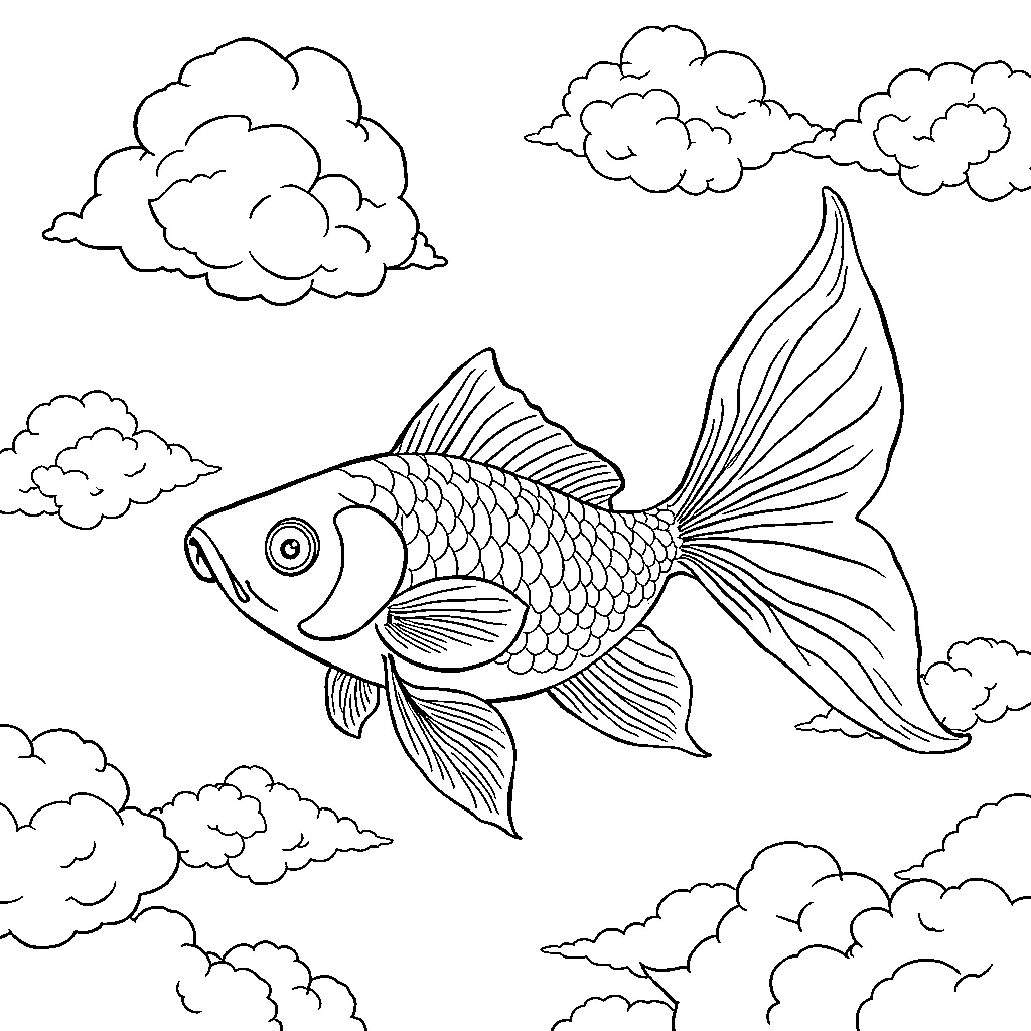 Goldfish swimming among clouds Coloring Page (free black-and-white line drawing printable PDF for all, from beginners to advanced learners, including children, teens, adults, and seniors)