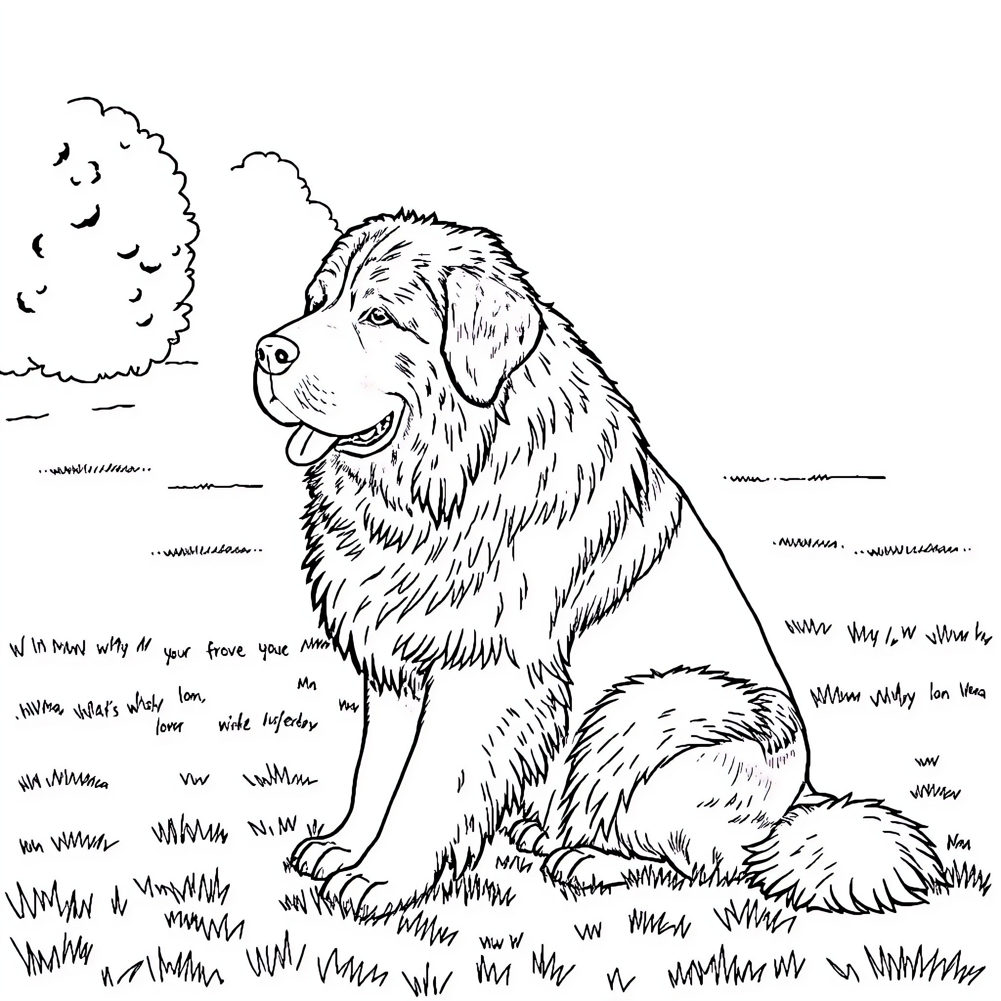 Leonberger exploring the outdoor environment Coloring Page (free black-and-white line drawing printable PDF for all, from beginners to advanced learners, including children, teens, adults, and seniors)