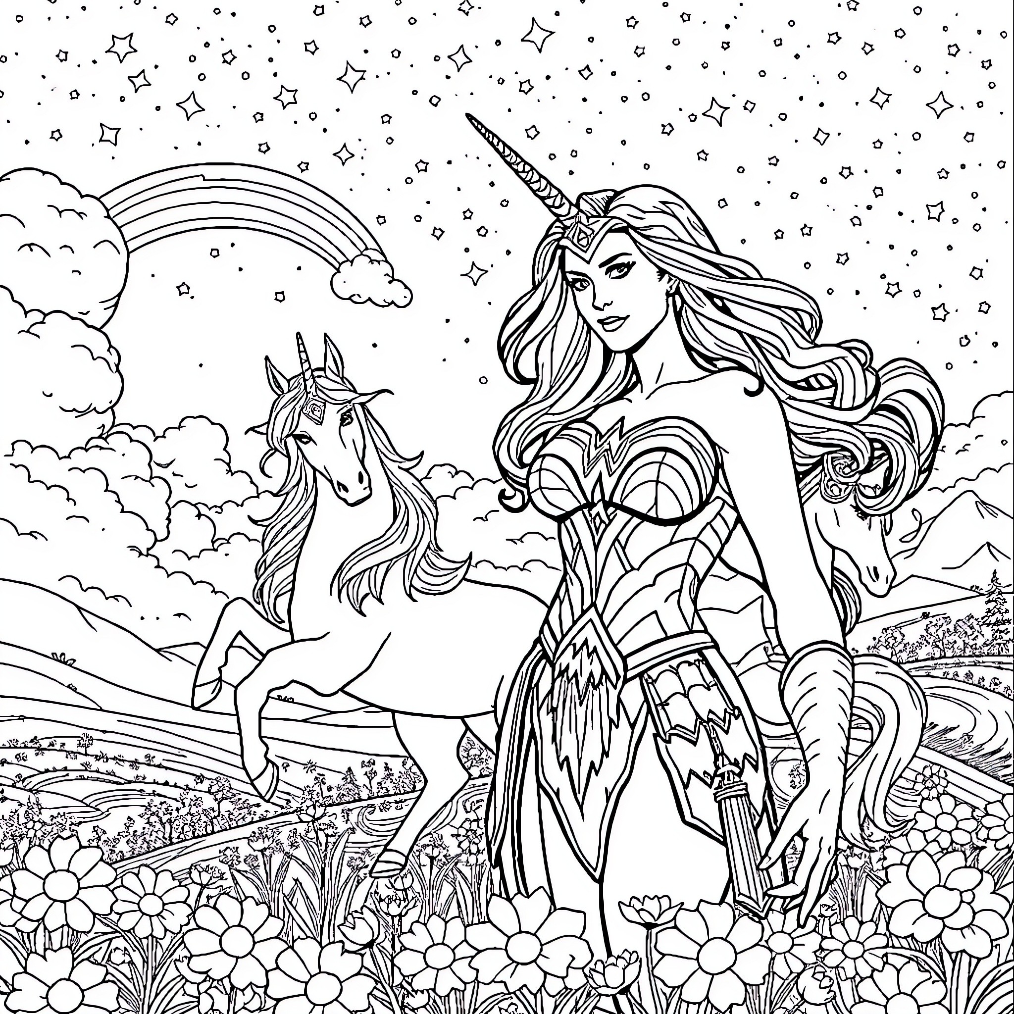 Wonder Woman and her Unicorn in a Magical Landscape Coloring Page (free black-and-white line drawing printable PDF for all, from beginners to advanced learners, including children, teens, adults, and seniors)