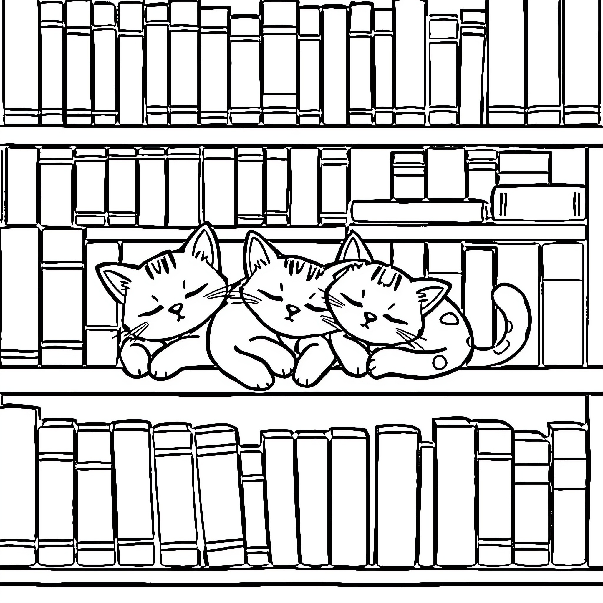 Cats Relaxing on Bookshelf Coloring Page (free black-and-white line drawing printable PDF for all, from beginners to advanced learners, including children, teens, adults, and seniors)