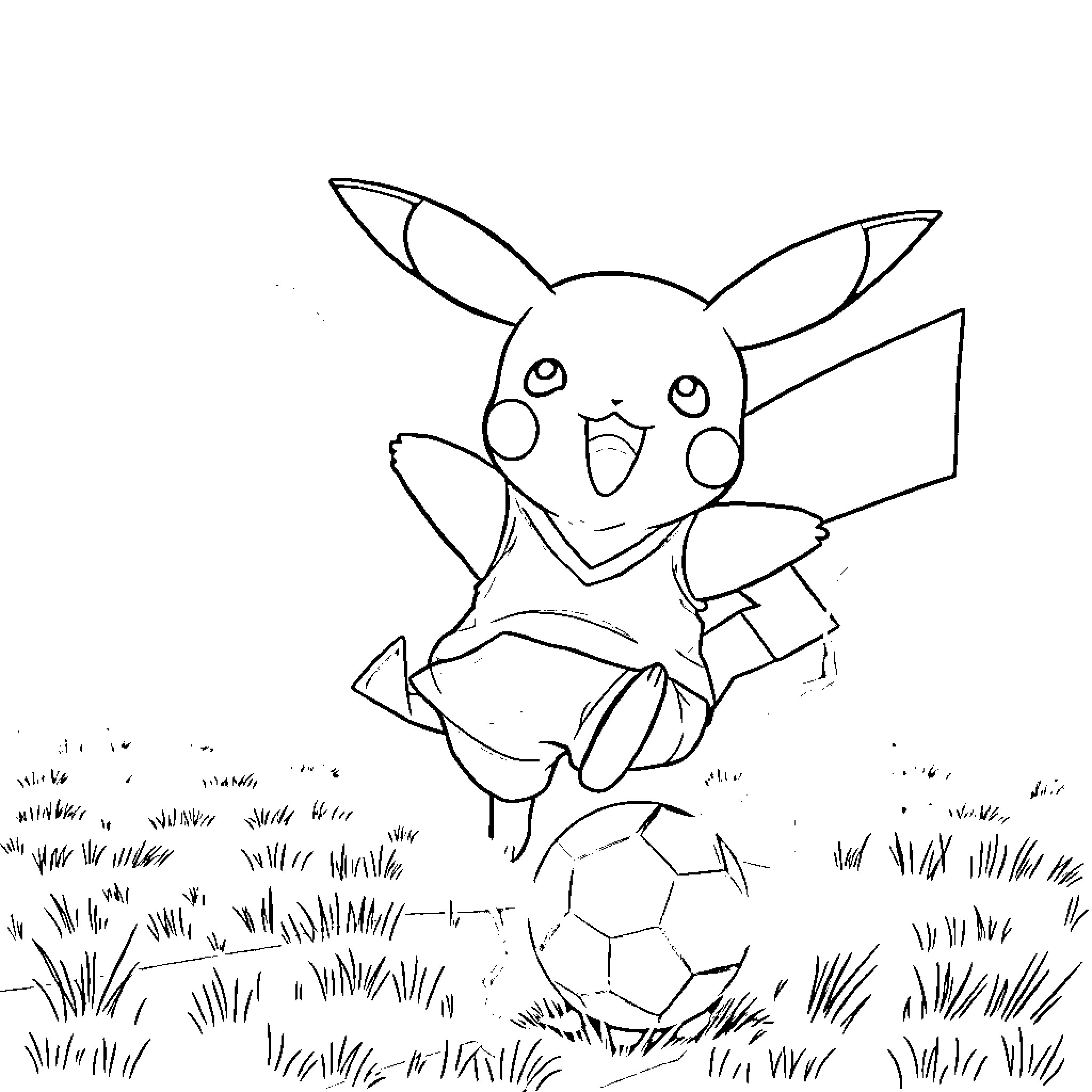 Pikachu kicking a soccer ball happily Coloring Page (free black-and-white line drawing printable PDF for all, from beginners to advanced learners, including children, teens, adults, and seniors)