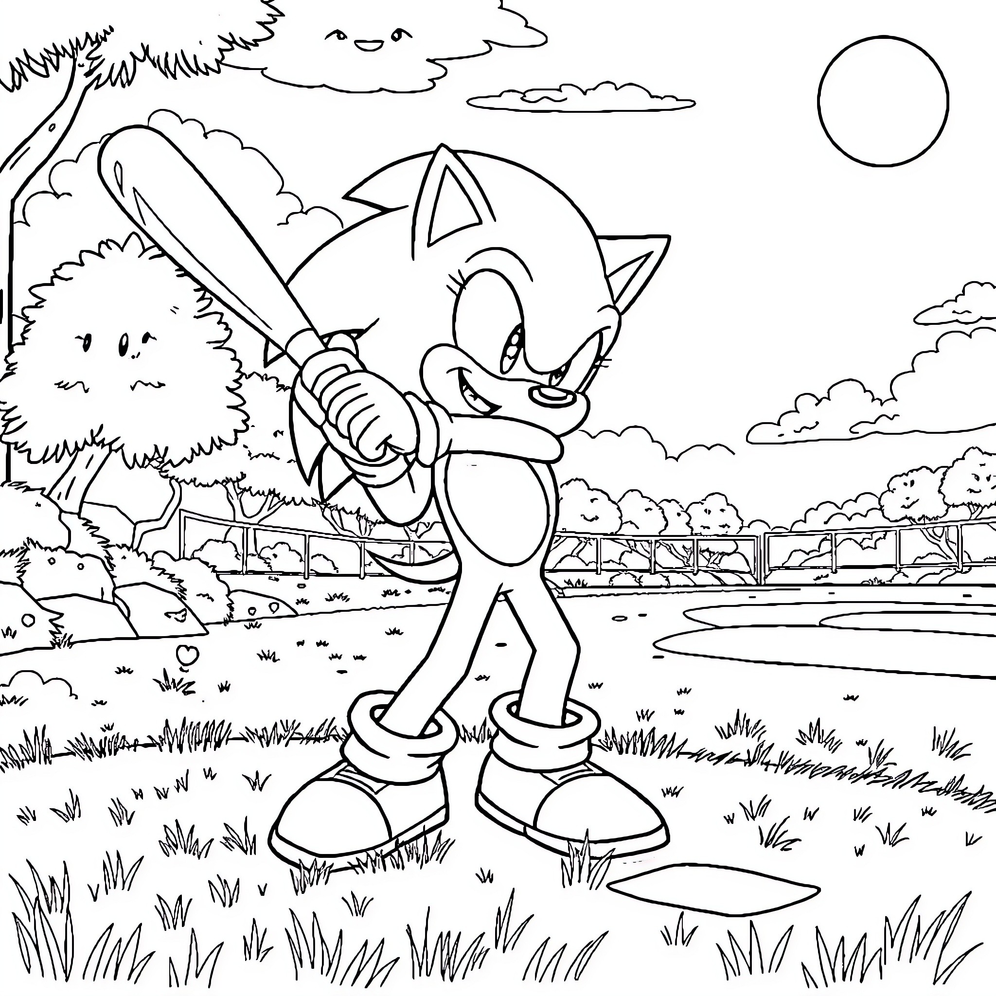 Sonic's Adventurous Outdoor Escapade Coloring Page (free black-and-white line drawing printable PDF for all, from beginners to advanced learners, including children, teens, adults, and seniors)