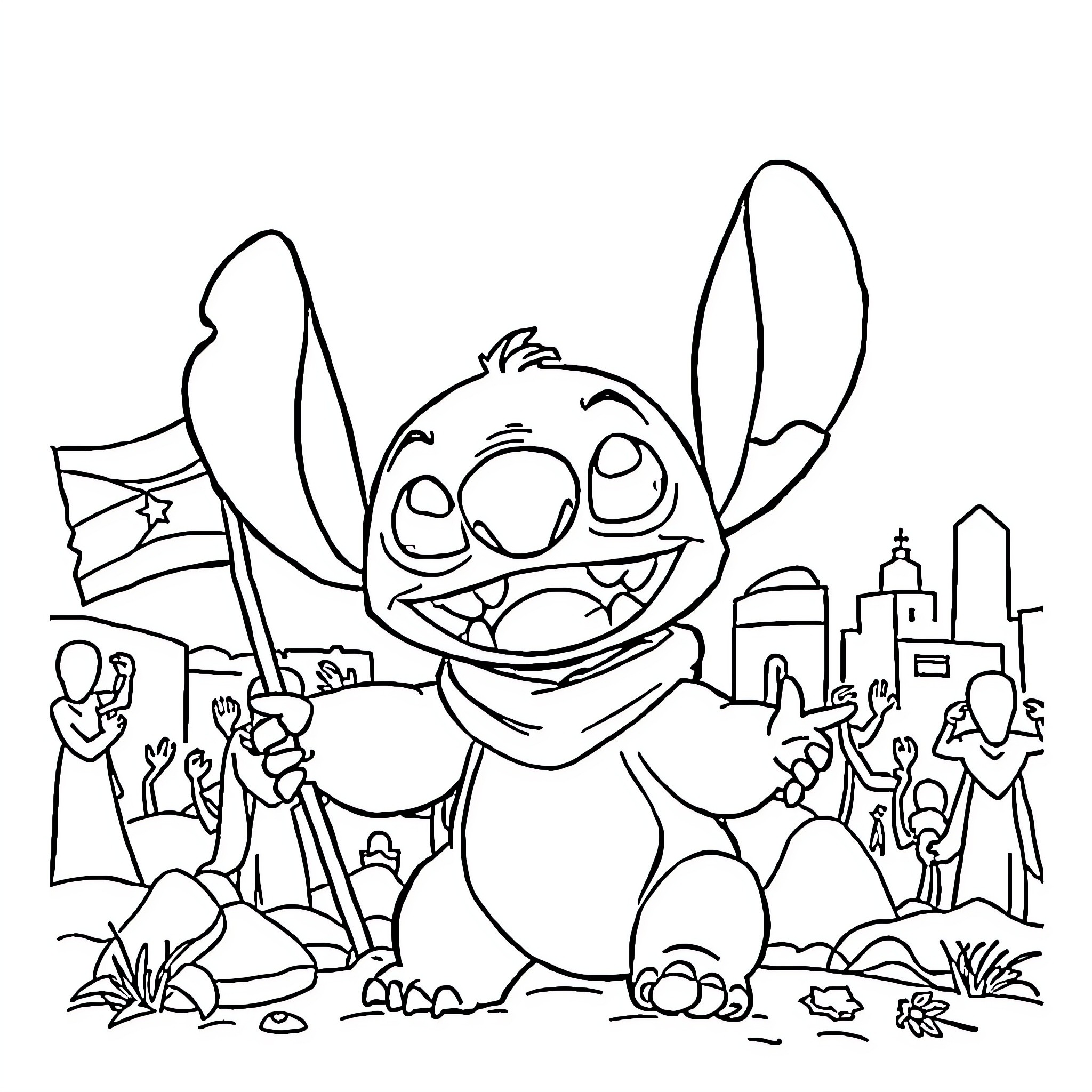 Stitch waving happily in a bustling city scene Coloring Page (free black-and-white line drawing printable PDF for all, from beginners to advanced learners, including children, teens, adults, and seniors)