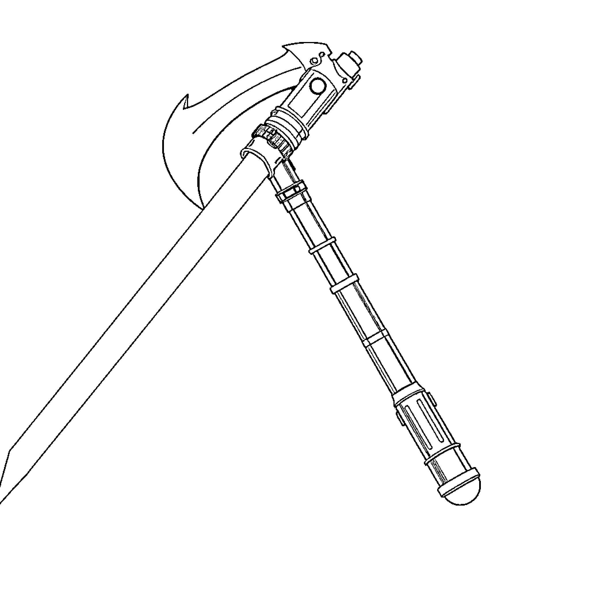 Light Saber Axe with Futuristic Design Coloring Page (free black-and-white line drawing printable PDF for all, from beginners to advanced learners, including children, teens, adults, and seniors)