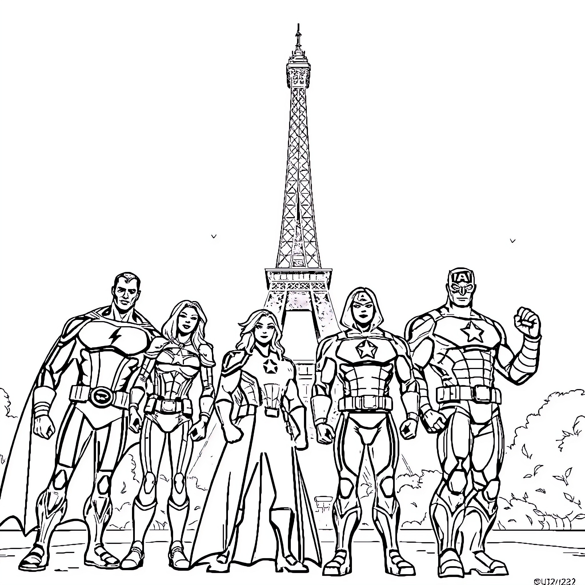 Avenger team pose heroically in front of Eiffel Tower Coloring Page (free black-and-white line drawing printable PDF for all, from beginners to advanced learners, including children, teens, adults, and seniors)