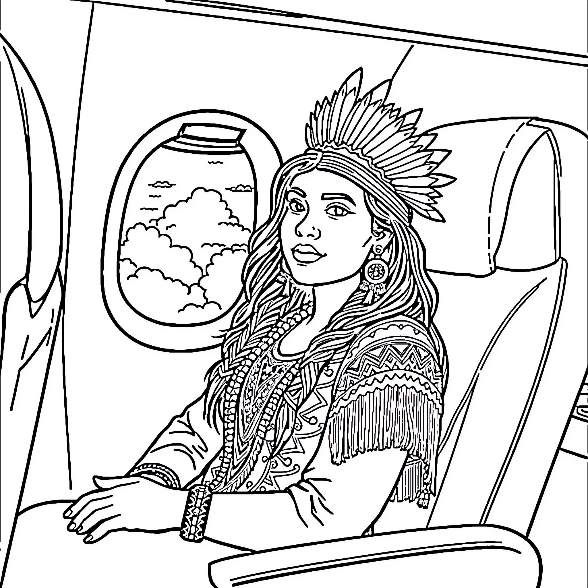 Native American Woman Traveling in Airplane Coloring Page (free black-and-white line drawing printable PDF for all, from beginners to advanced learners, including children, teens, adults, and seniors)