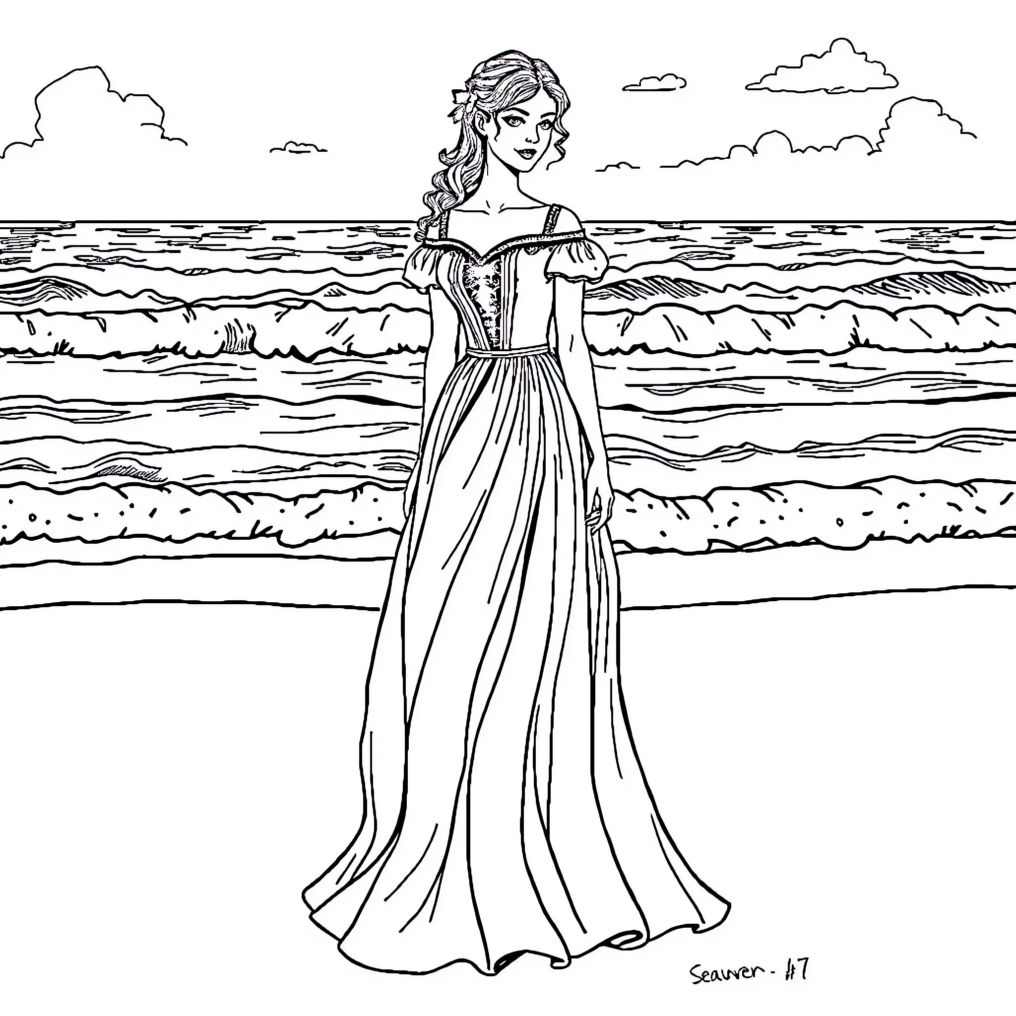 Woman in Elegant Dress by the Seashore Coloring Page (free black-and-white line drawing printable PDF for all, from beginners to advanced learners, including children, teens, adults, and seniors)