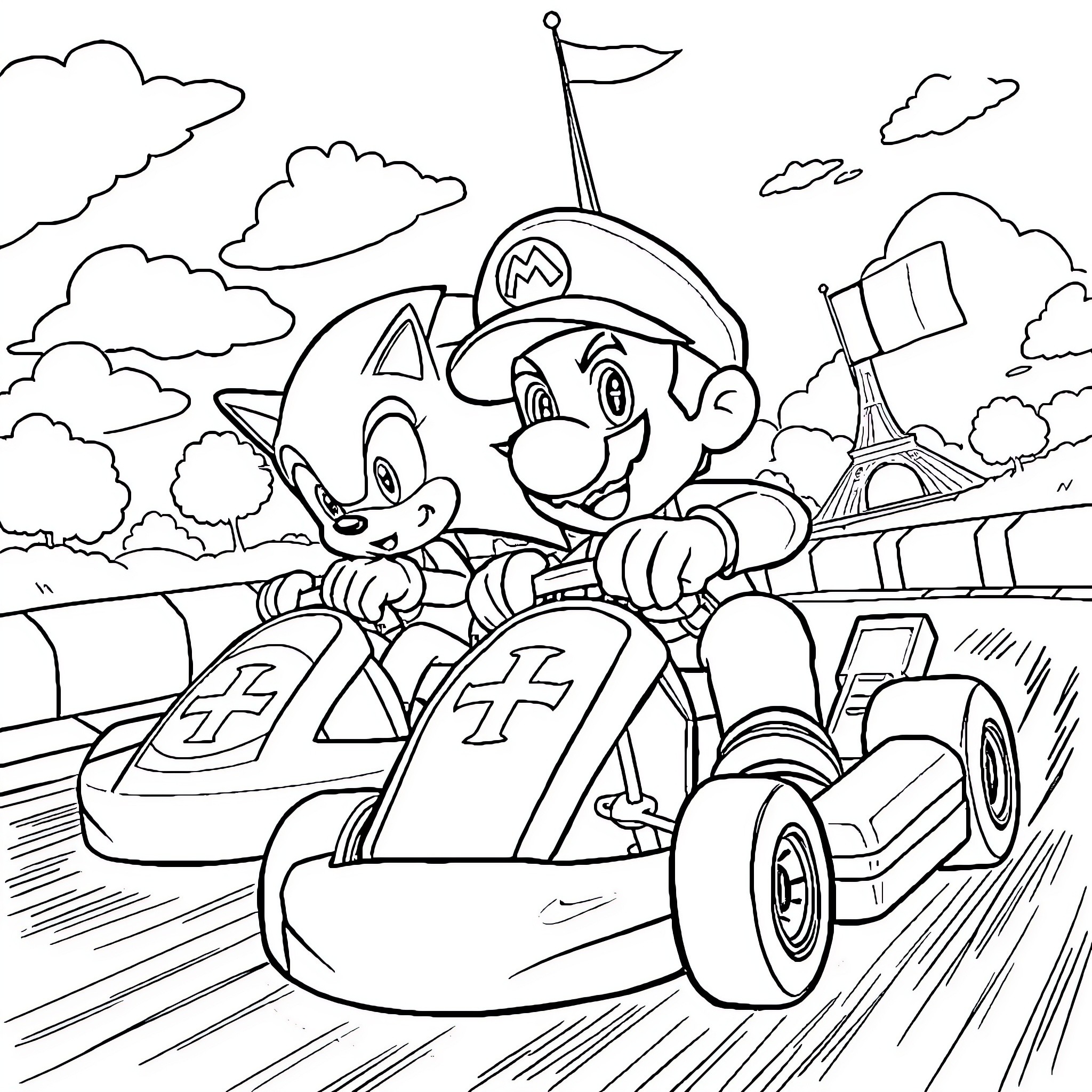 Mario's Exciting Kart Race Adventure Coloring Page (free black-and-white line drawing printable PDF for all, from beginners to advanced learners, including children, teens, adults, and seniors)