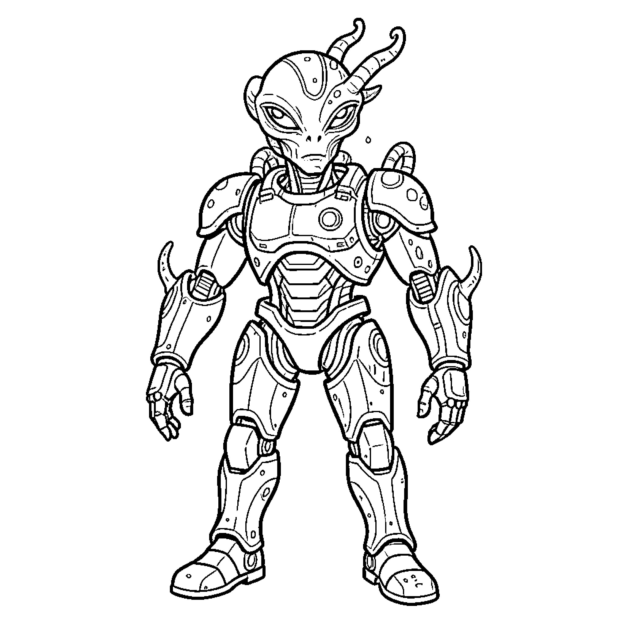 Alien in futuristic armor standing in a pose Coloring Page (free black-and-white line drawing printable PDF for all, from beginners to advanced learners, including children, teens, adults, and seniors)