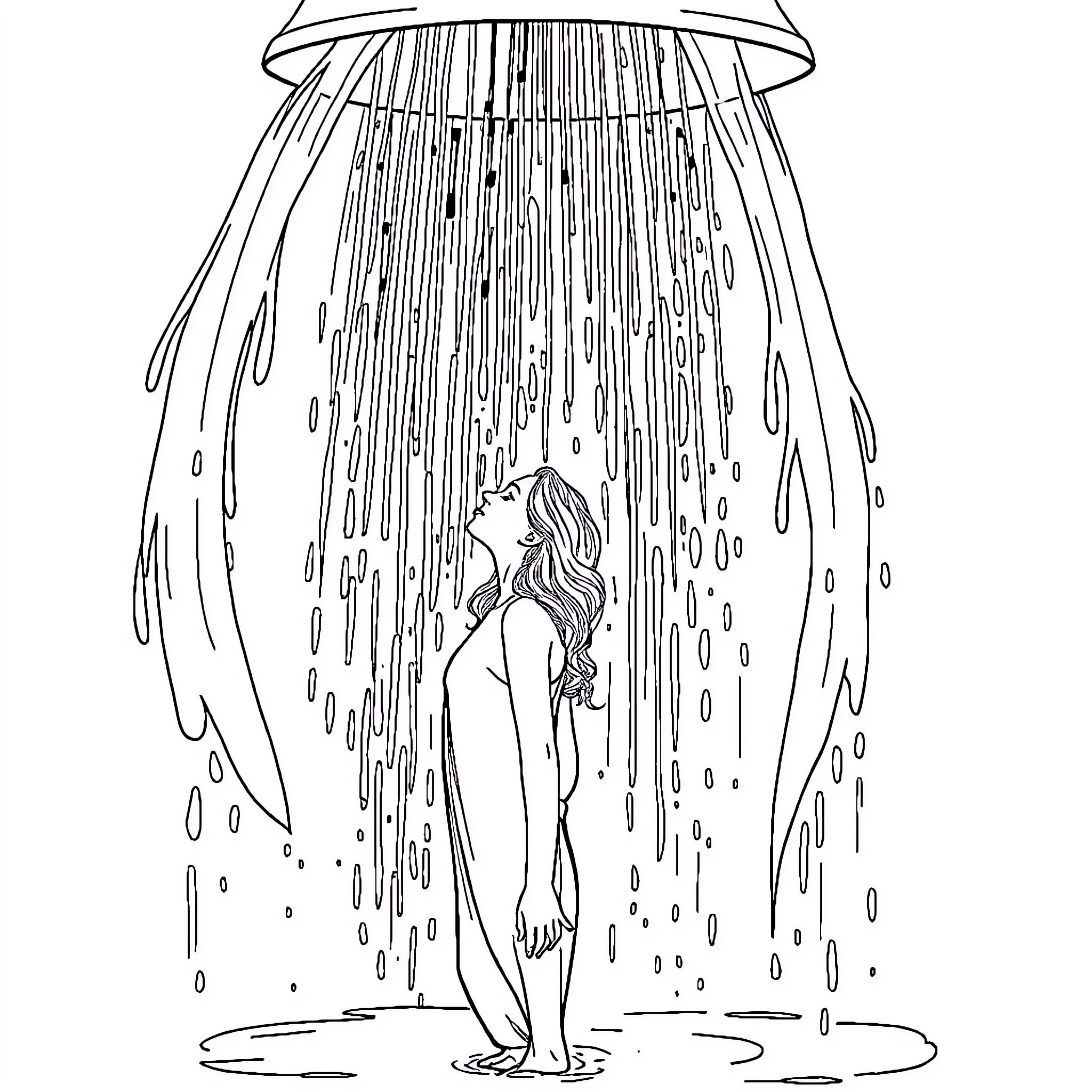 Woman enjoying the rain shower Coloring Page (free black-and-white line drawing printable PDF for all, from beginners to advanced learners, including children, teens, adults, and seniors)