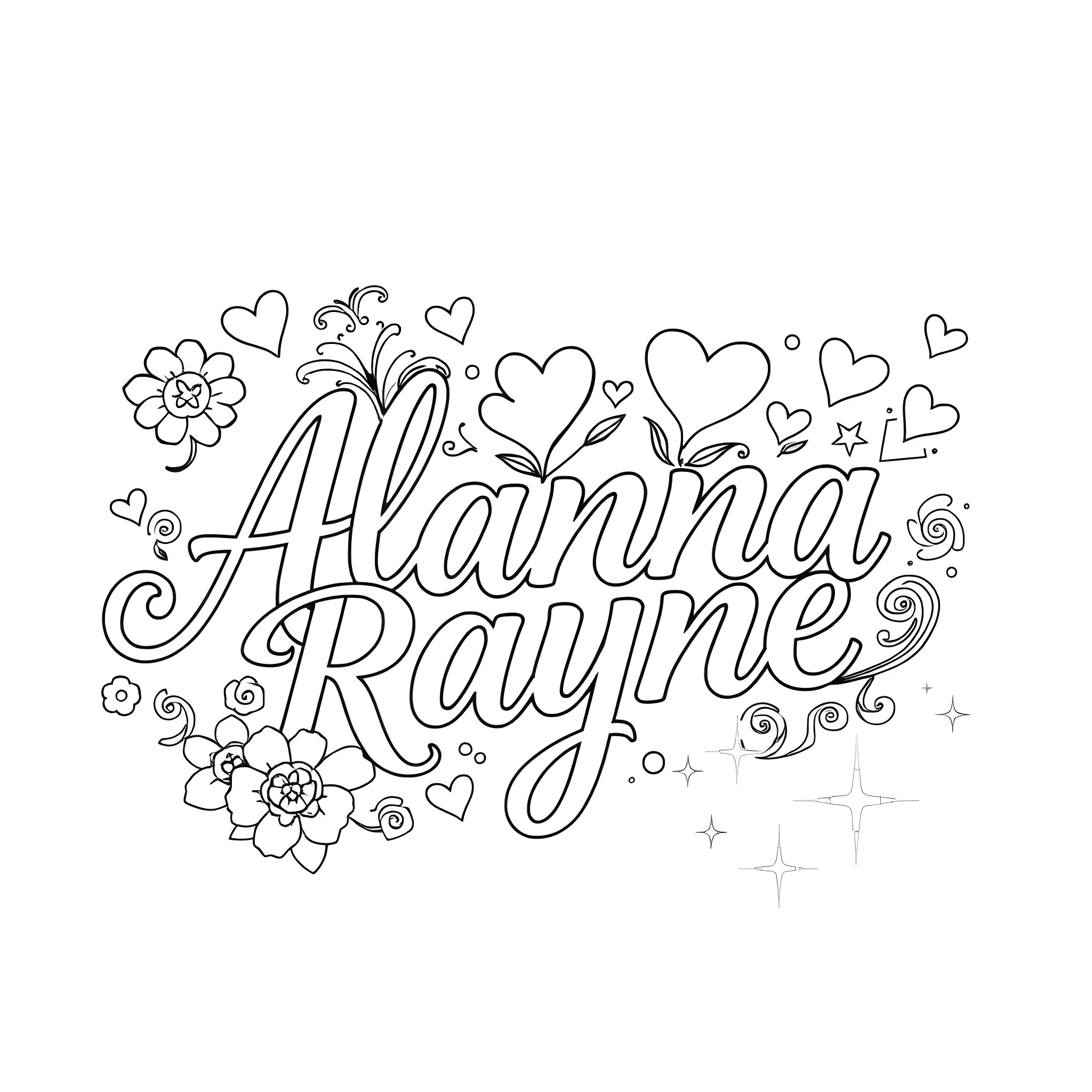 Font of decorative lettering 'Alanna Rayne' Coloring Page (free black-and-white line drawing printable PDF for all, from beginners to advanced learners, including children, teens, adults, and seniors)