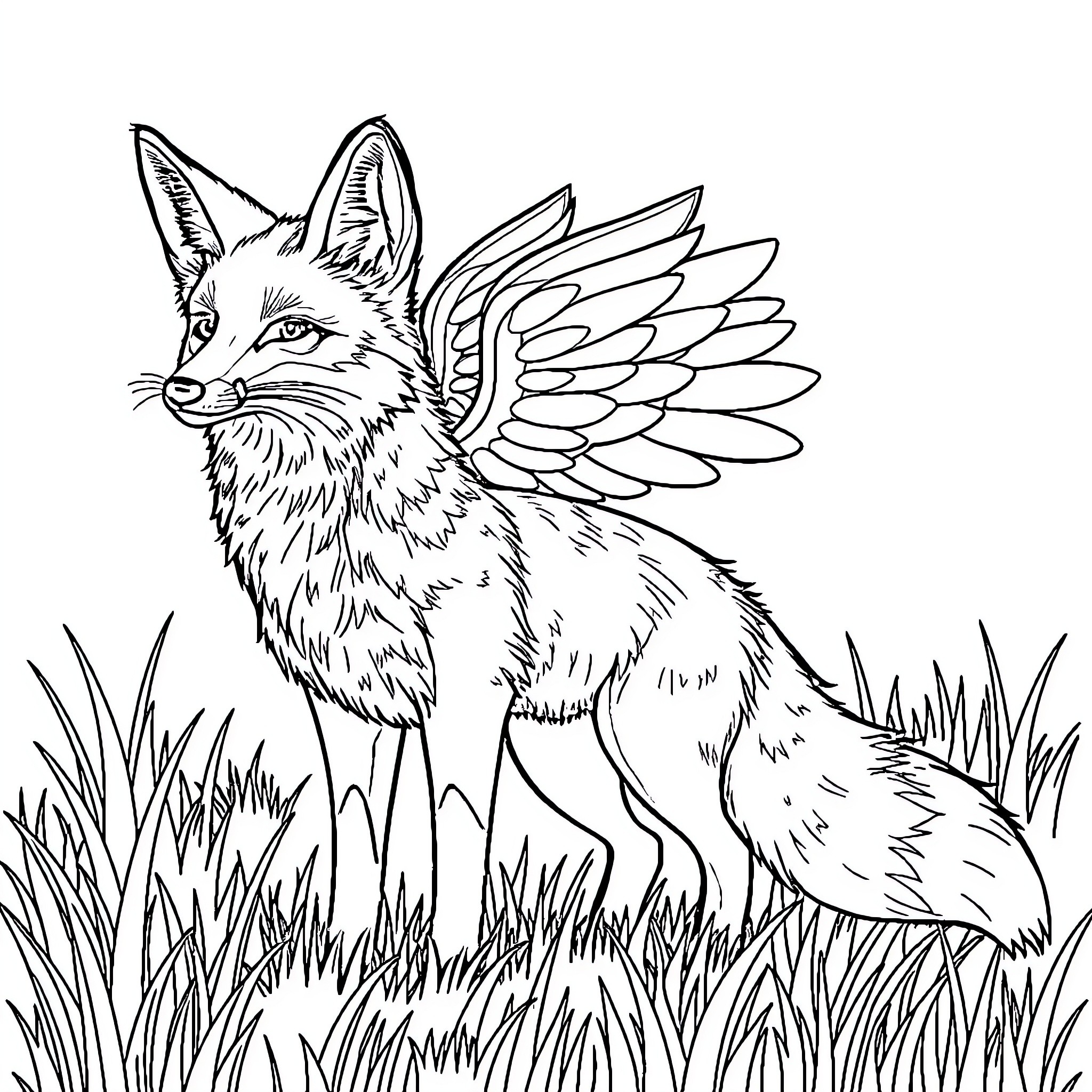 Fox with Majestic Wings in Lush Meadow Coloring Page (free black-and-white line drawing printable PDF for all, from beginners to advanced learners, including children, teens, adults, and seniors)