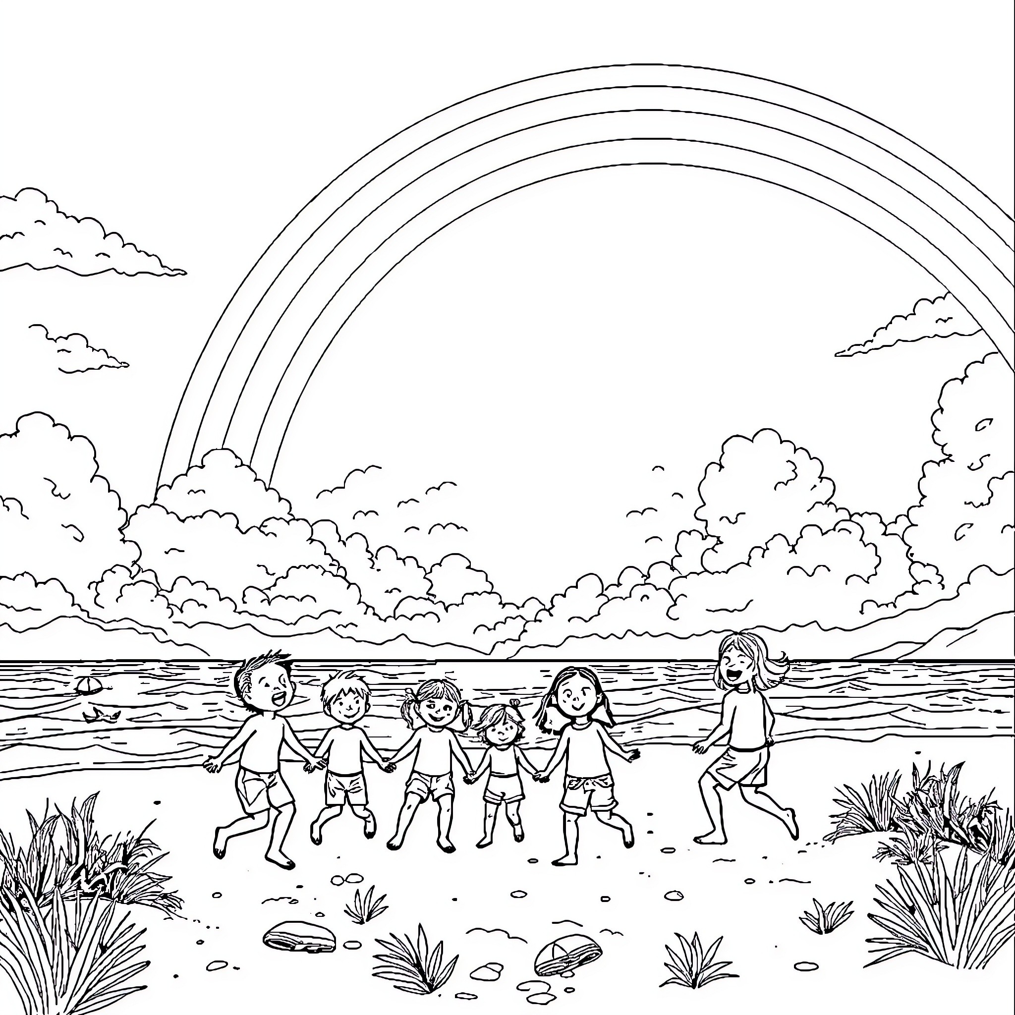 Kid friends playing together in nature Coloring Page (free black-and-white line drawing printable PDF for all, from beginners to advanced learners, including children, teens, adults, and seniors)