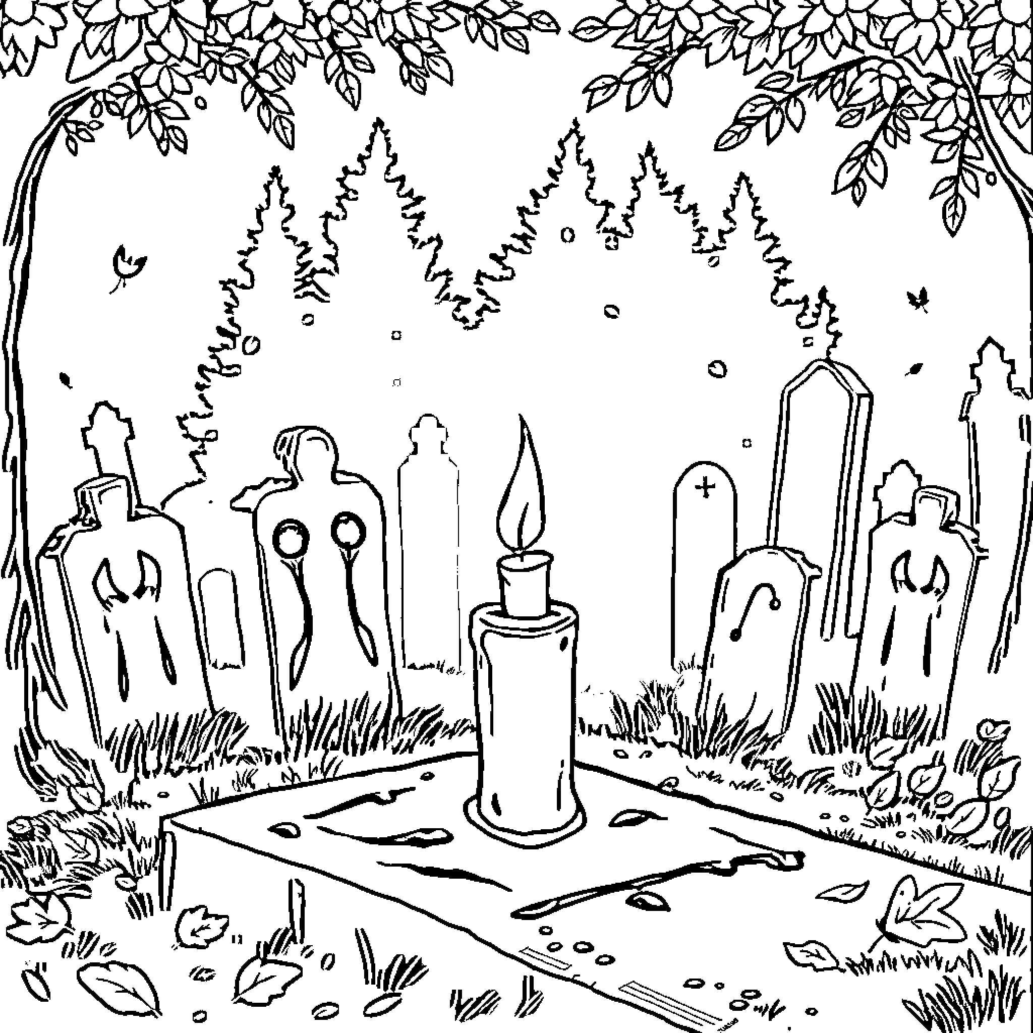 Candle glowing in the mystical forest Coloring Page (free black-and-white line drawing printable PDF for all, from beginners to advanced learners, including children, teens, adults, and seniors)