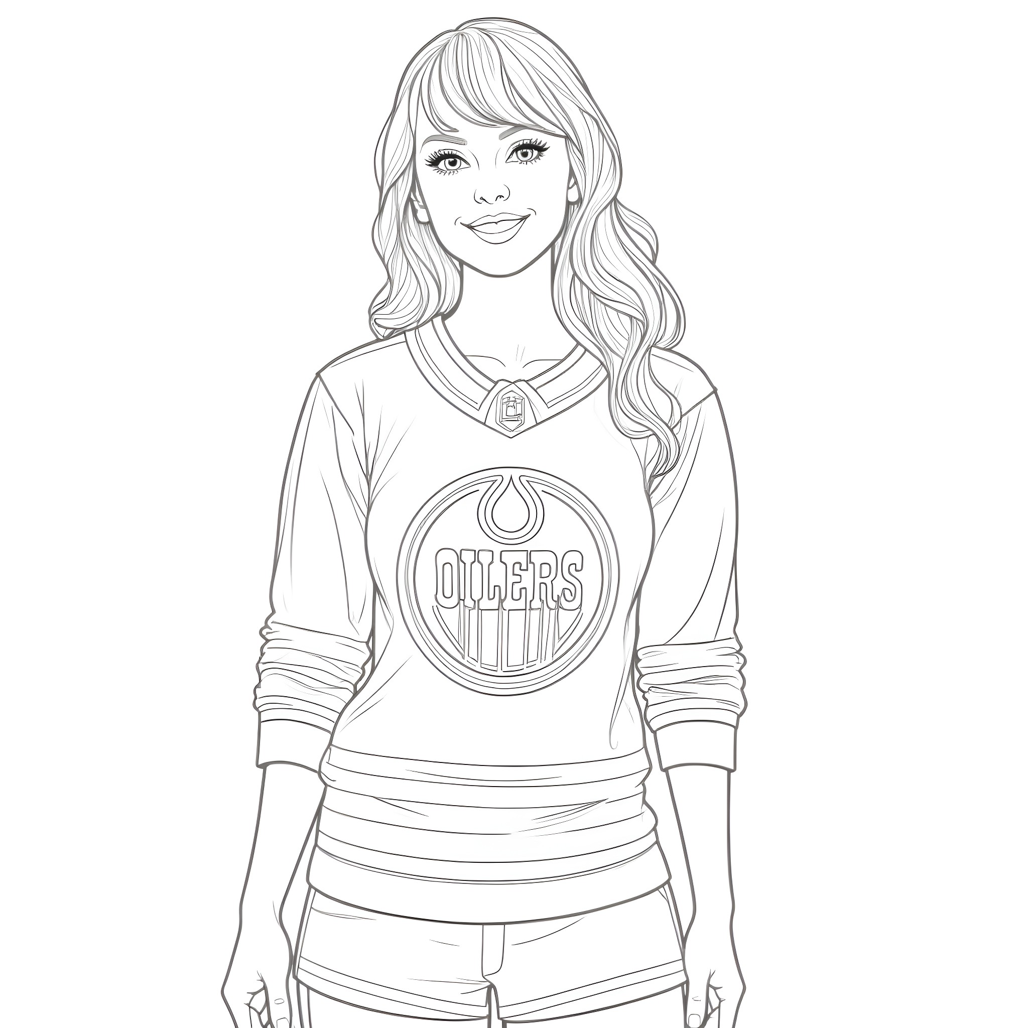Taylor Swift wearing Oilers jersey and smiling Coloring Page (free black-and-white line drawing printable PDF for all, from beginners to advanced learners, including children, teens, adults, and seniors)