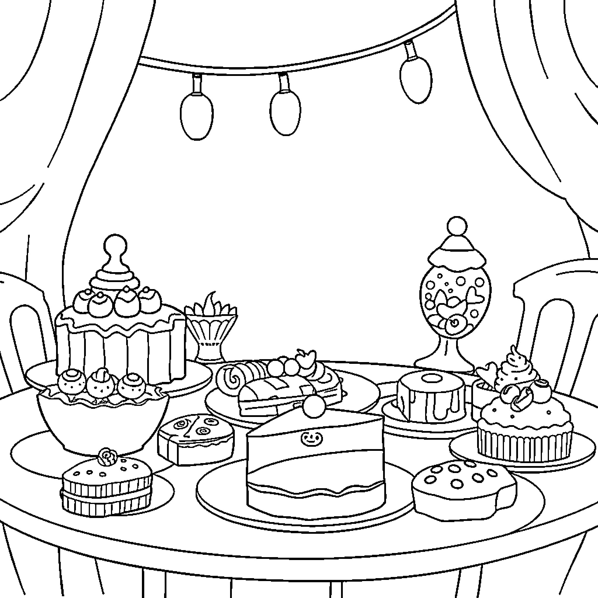 Food display with assorted desserts and treats Coloring Page (free black-and-white line drawing printable PDF for all, from beginners to advanced learners, including children, teens, adults, and seniors)