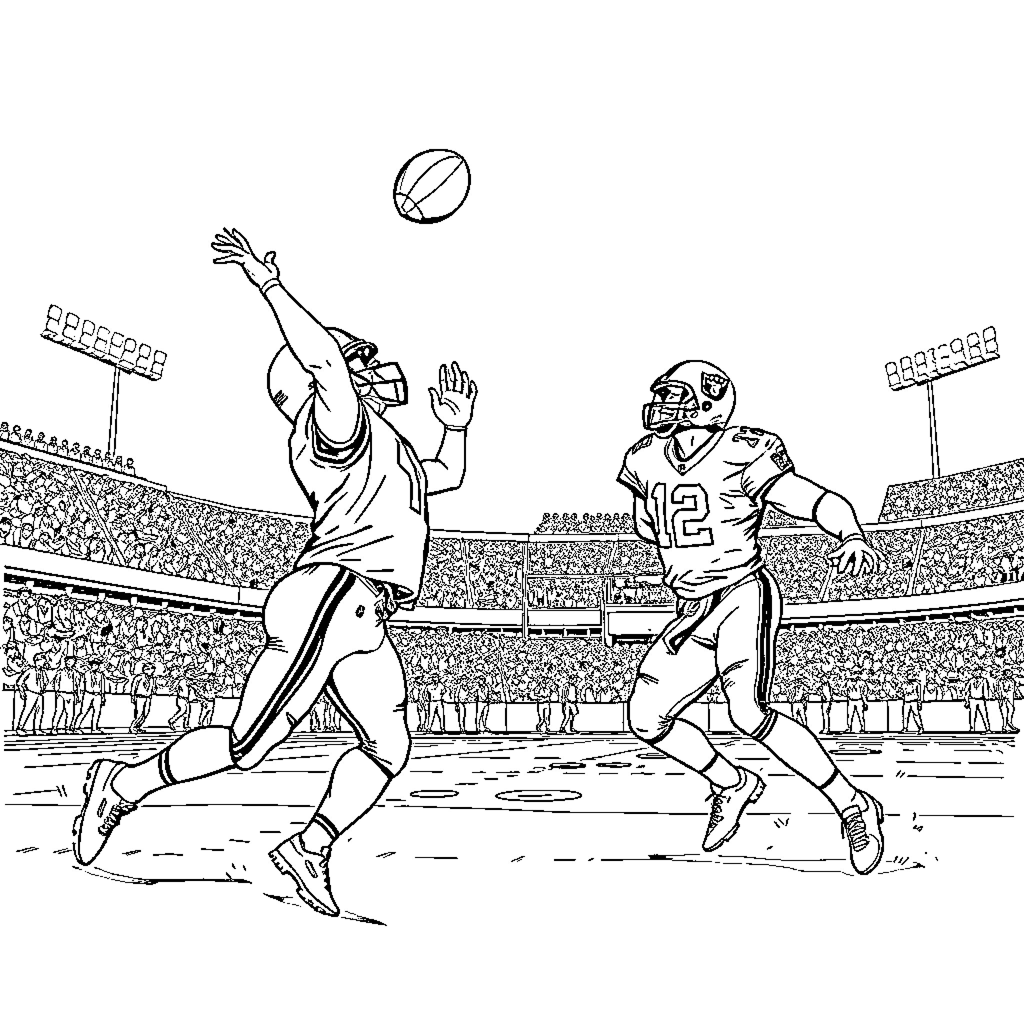 Raider football players competing on the field Coloring Page (free black-and-white line drawing printable PDF for all, from beginners to advanced learners, including children, teens, adults, and seniors)