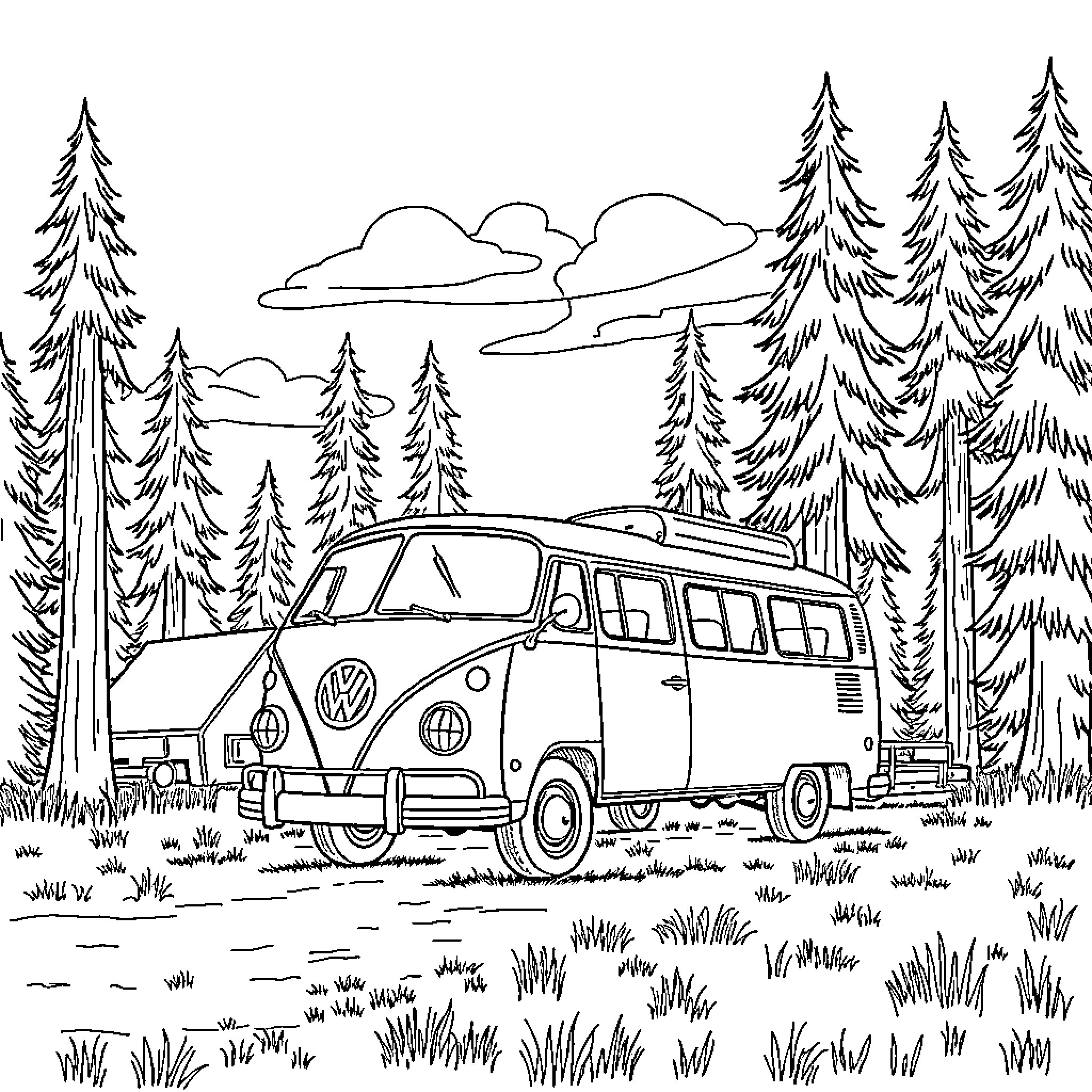 VW Bus camping in scenic forest landscape Coloring Page (free black-and-white line drawing printable PDF for all, from beginners to advanced learners, including children, teens, adults, and seniors)