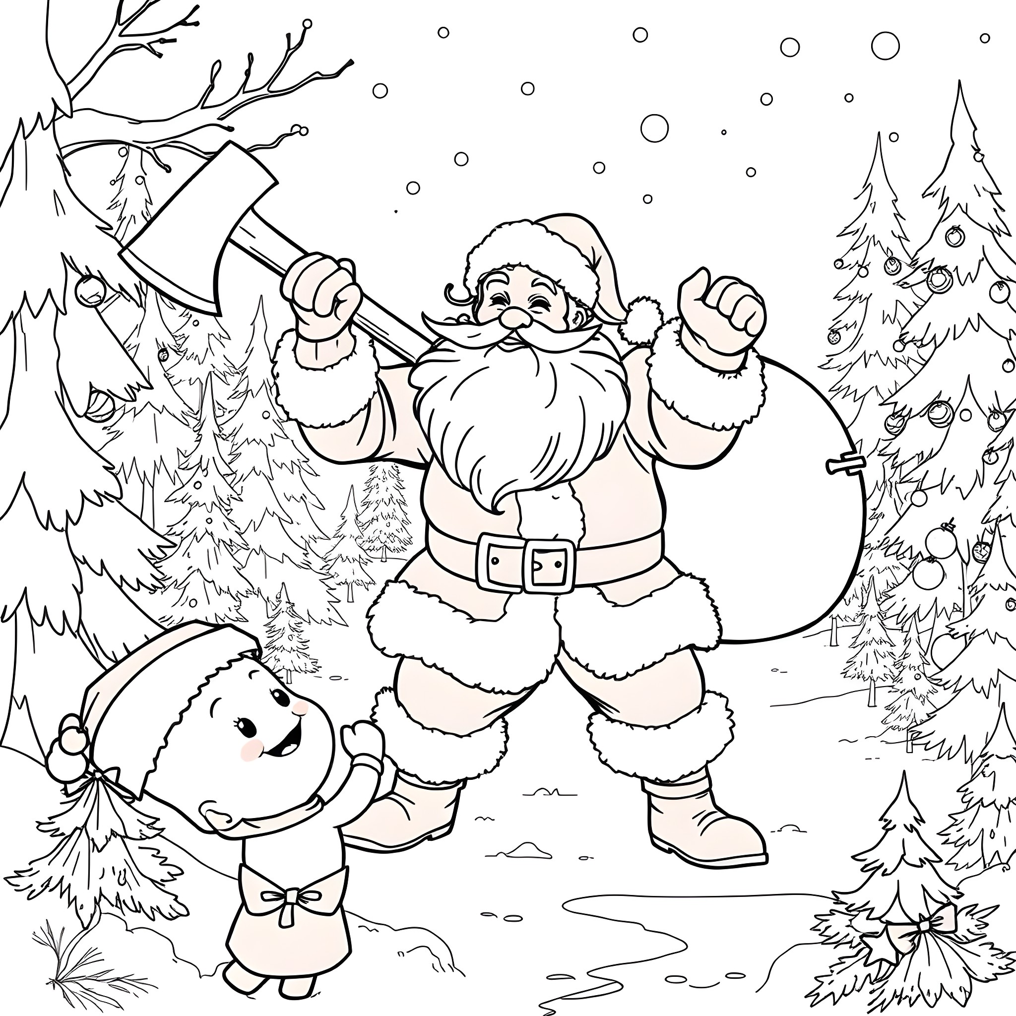 Santa and snowman playing in the snowy forest Coloring Page (free black-and-white line drawing printable PDF for all, from beginners to advanced learners, including children, teens, adults, and seniors)
