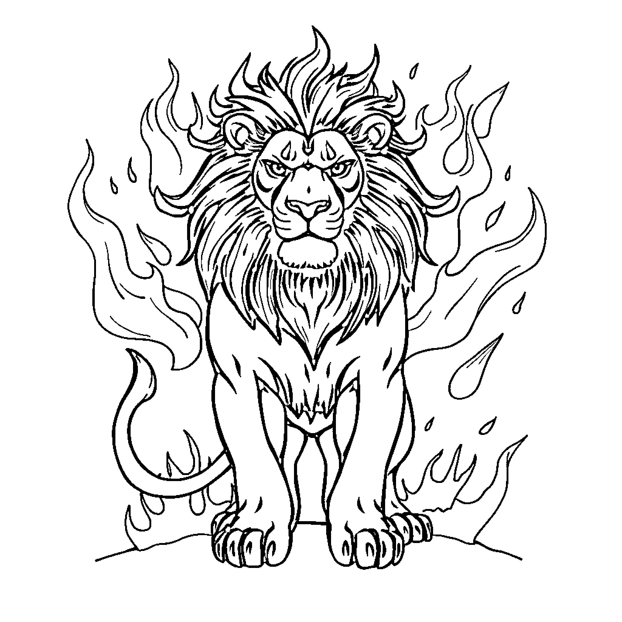 Lion roaring with fiery mane and fury Coloring Page (free black-and-white line drawing printable PDF for all, from beginners to advanced learners, including children, teens, adults, and seniors)