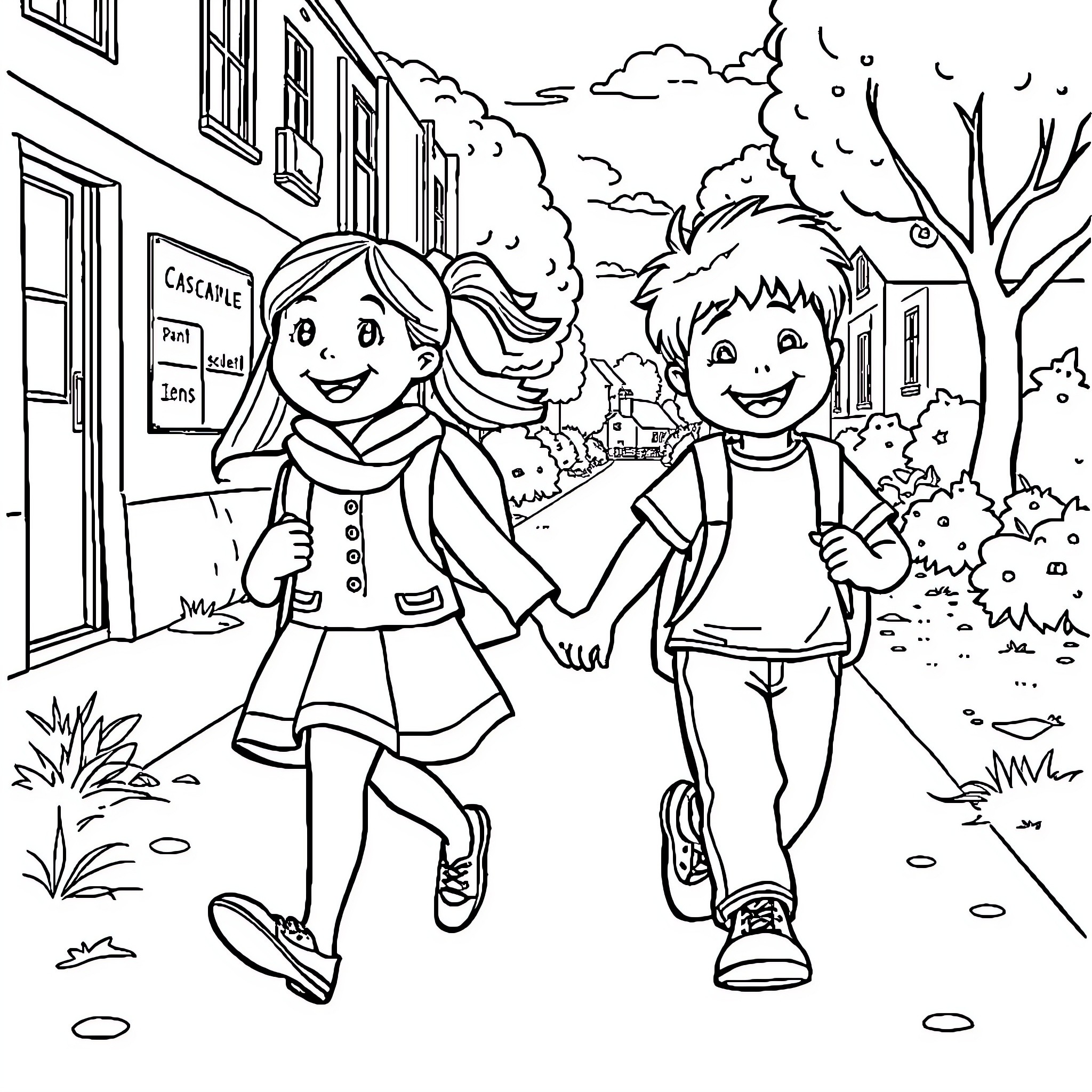 Child walking together on street scene Coloring Page (free black-and-white line drawing printable PDF for all, from beginners to advanced learners, including children, teens, adults, and seniors)