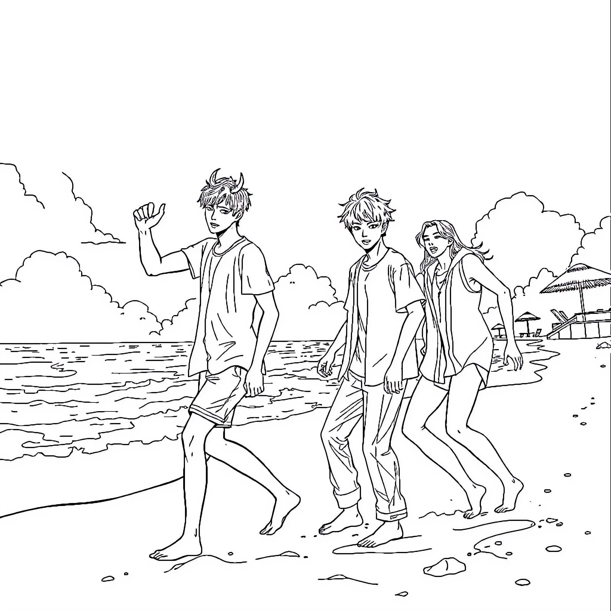 Demon Hunters enjoying a beach day Coloring Page (free black-and-white line drawing printable PDF for all, from beginners to advanced learners, including children, teens, adults, and seniors)