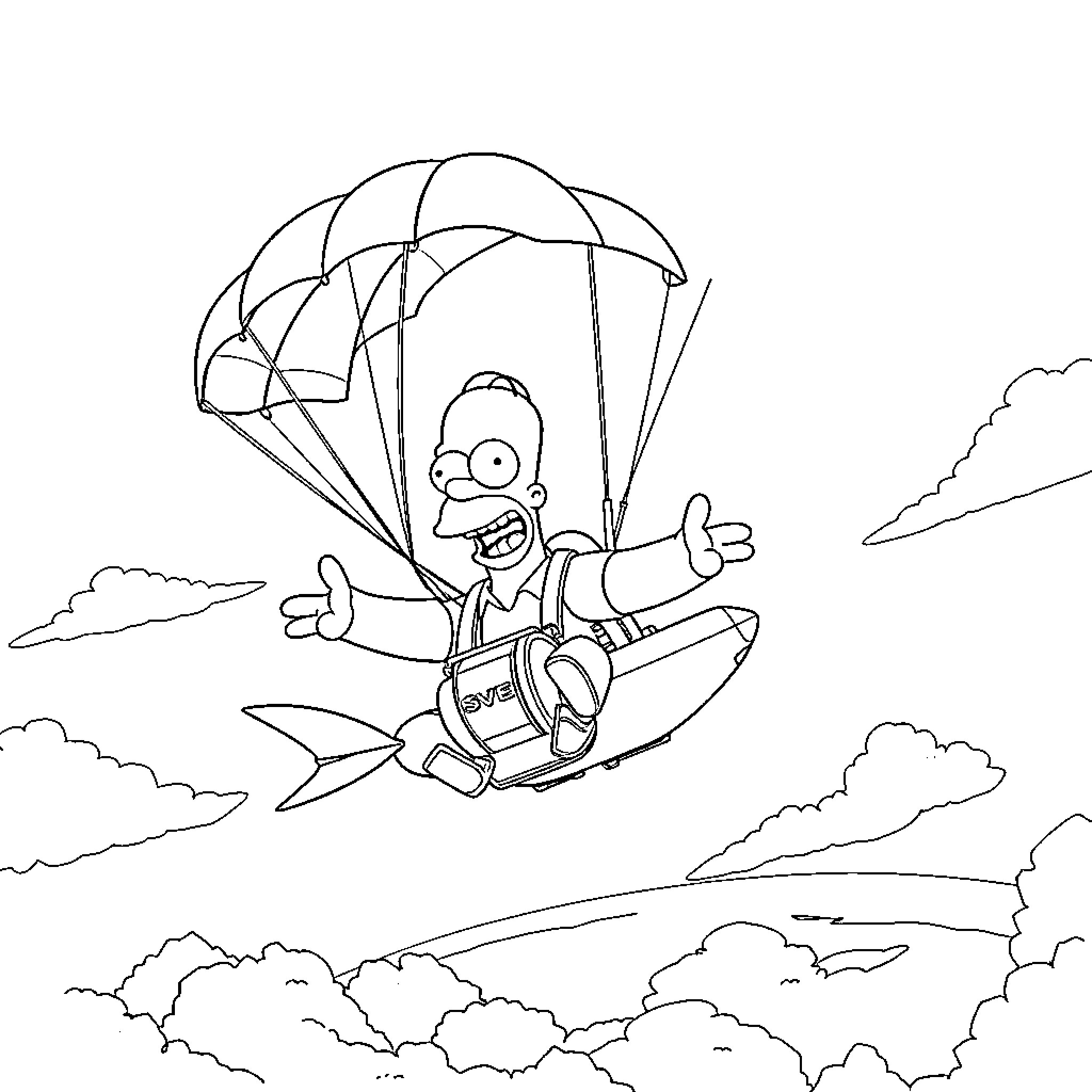 Homer Simpson skydiving with parachute in the sky Coloring Page (free black-and-white line drawing printable PDF for all, from beginners to advanced learners, including children, teens, adults, and seniors)