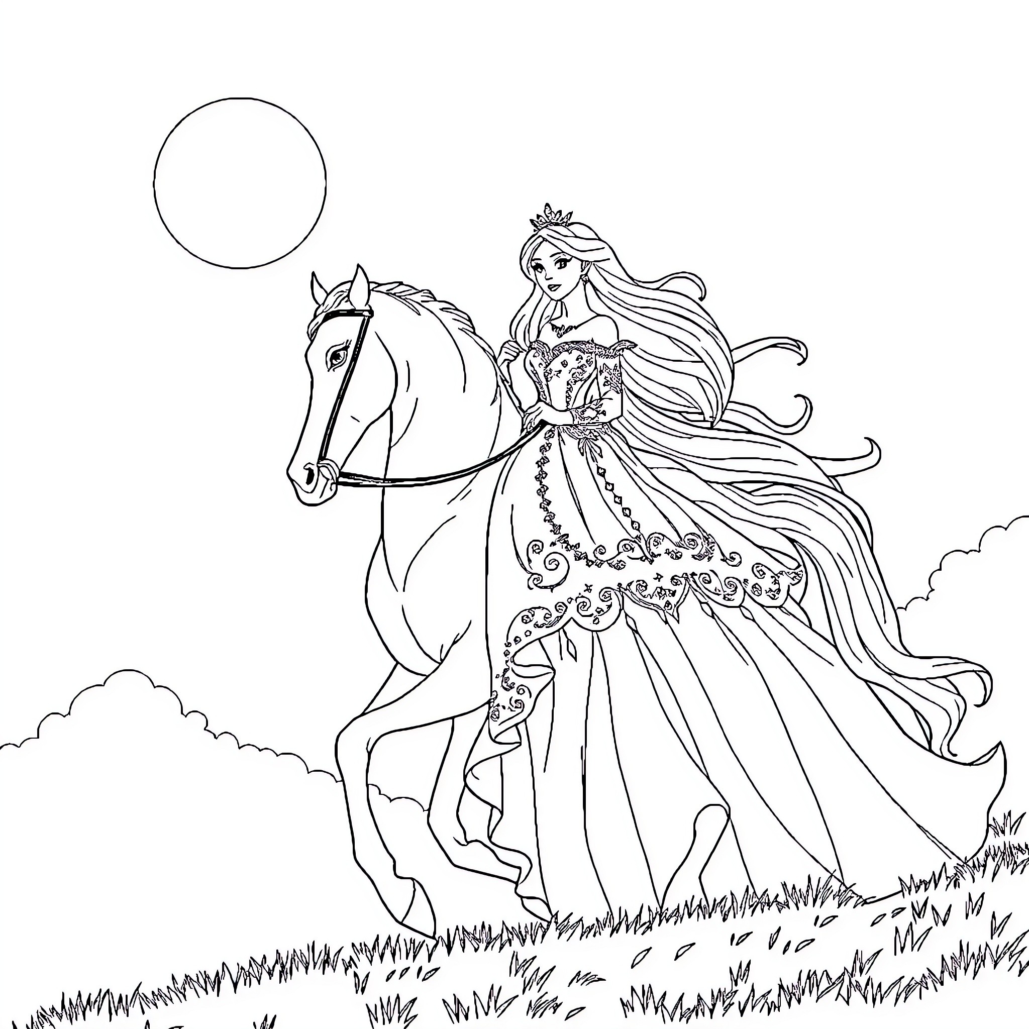 Princess riding gracefully on a noble steed Coloring Page (free black-and-white line drawing printable PDF for all, from beginners to advanced learners, including children, teens, adults, and seniors)