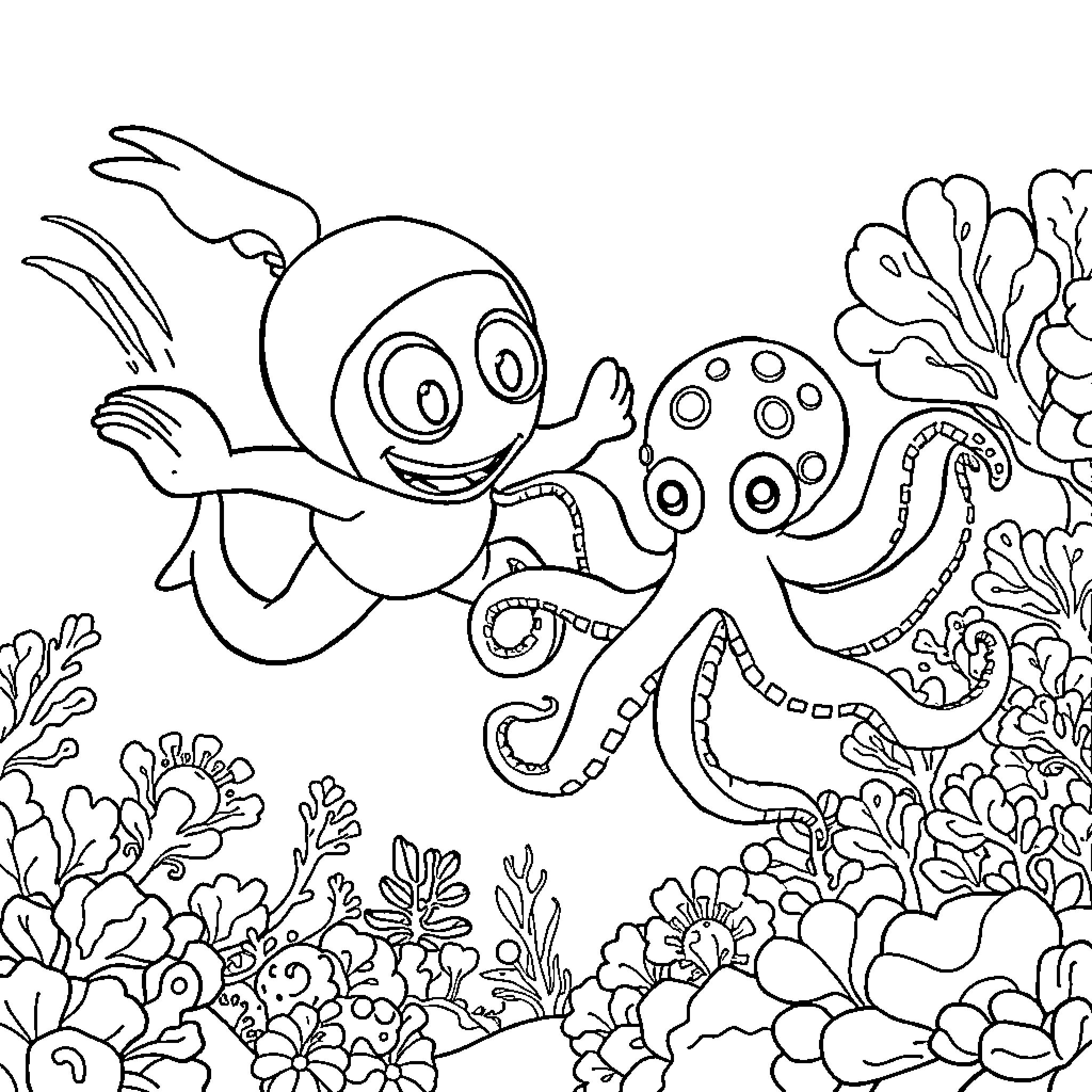 Octonaut exploring vibrant underwater world Coloring Page (free black-and-white line drawing printable PDF for all, from beginners to advanced learners, including children, teens, adults, and seniors)
