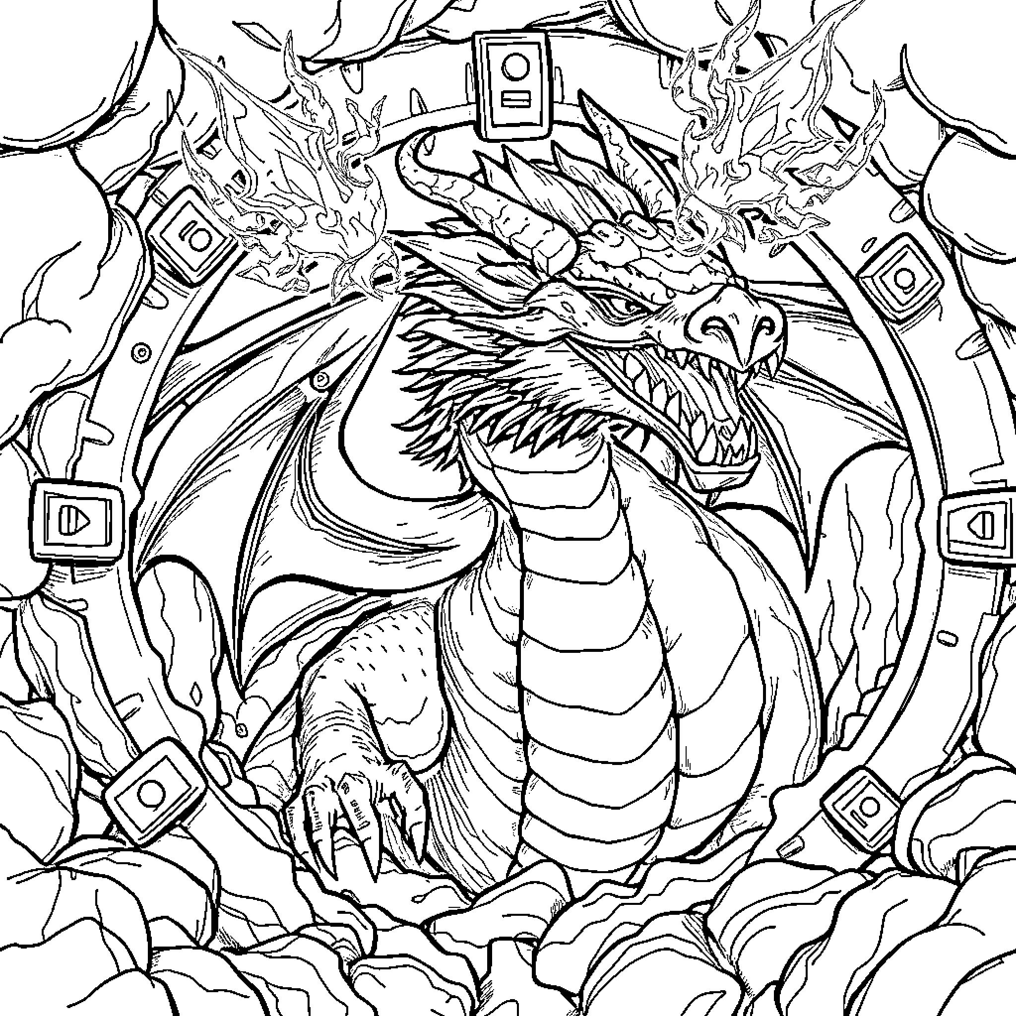 Dragon unleashing powerful magic in a fantastical realm Coloring Page (free black-and-white line drawing printable PDF for all, from beginners to advanced learners, including children, teens, adults, and seniors)