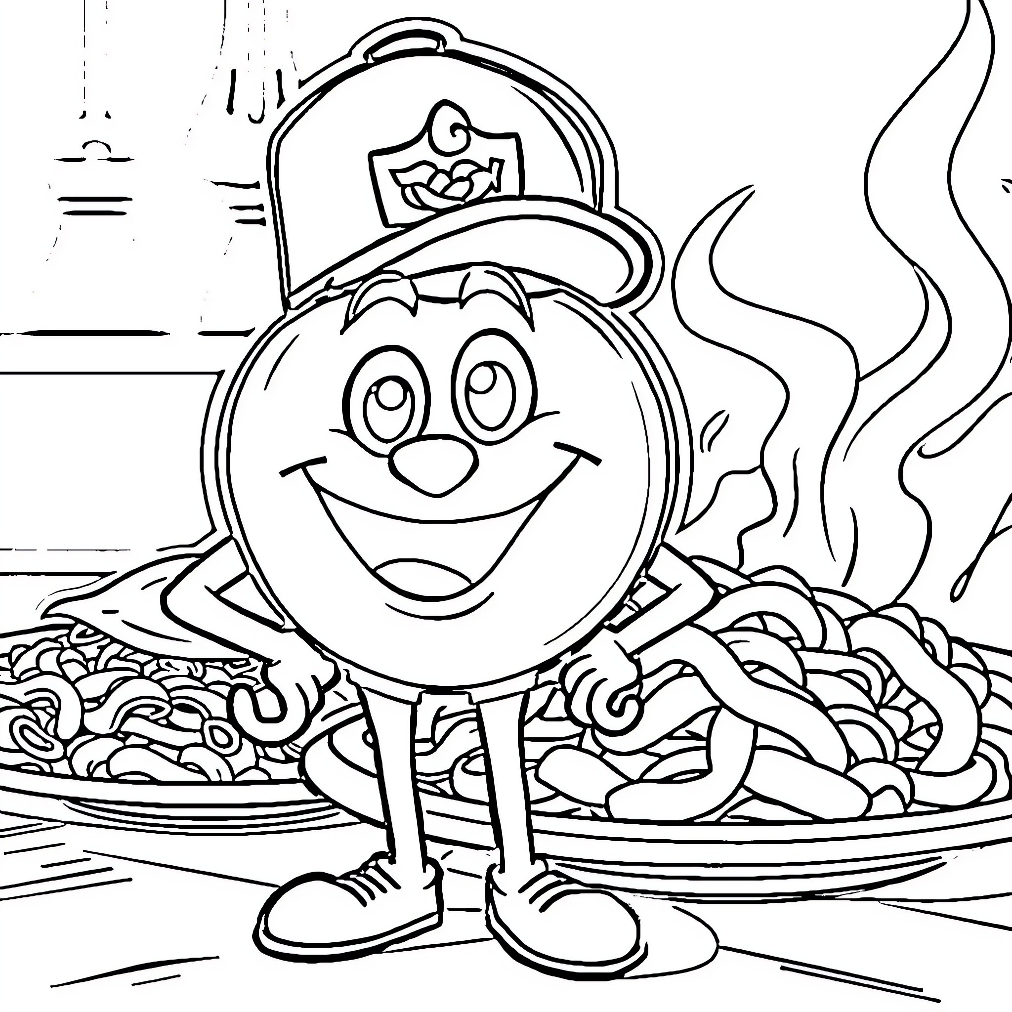 Tony the Fireman Enjoys His Delicious Meal Coloring Page (free black-and-white line drawing printable PDF for all, from beginners to advanced learners, including children, teens, adults, and seniors)