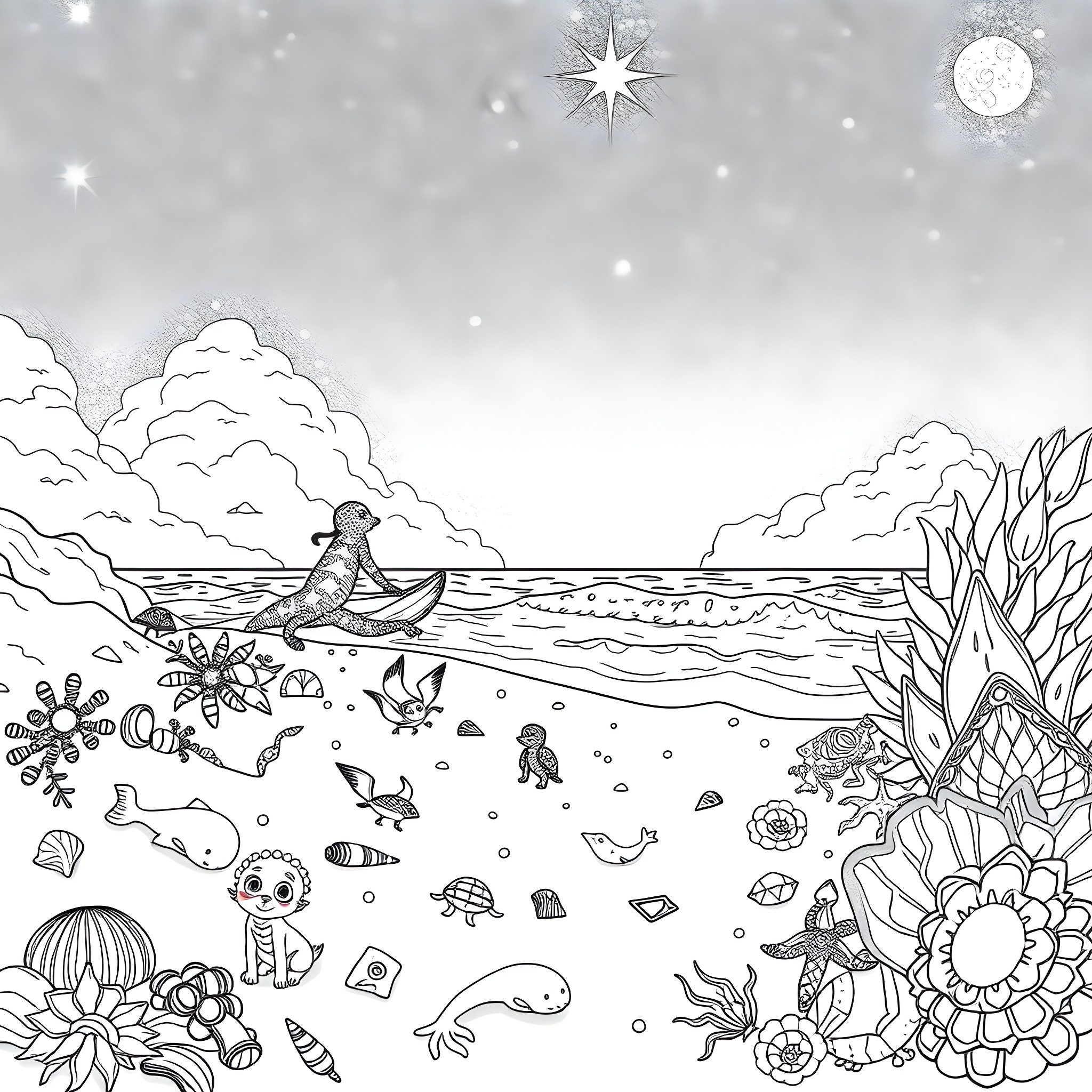 Creature explores mysterious underwater world Coloring Page (free black-and-white line drawing printable PDF for all, from beginners to advanced learners, including children, teens, adults, and seniors)