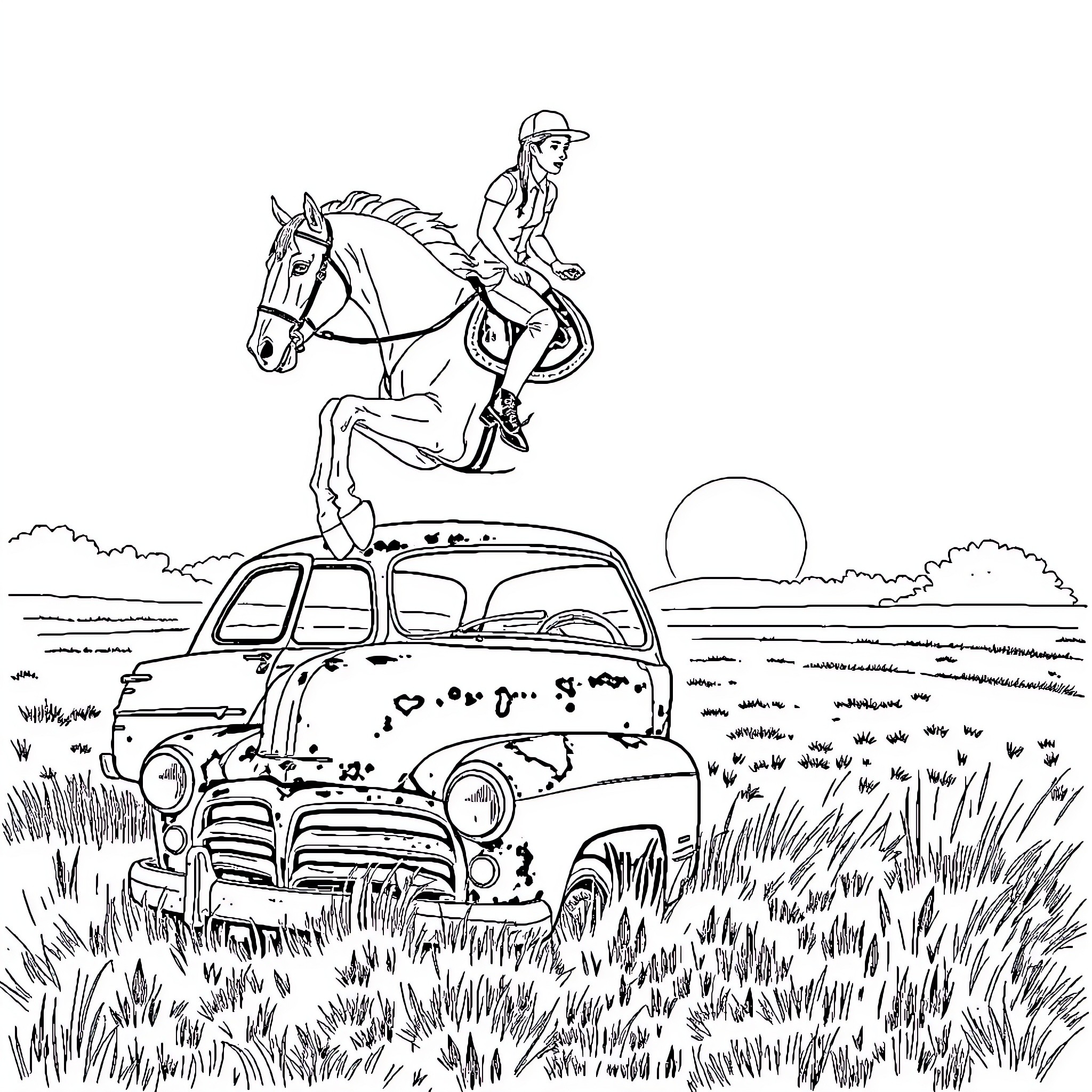 Horse rider on an old country truck Coloring Page (free black-and-white line drawing printable PDF for all, from beginners to advanced learners, including children, teens, adults, and seniors)