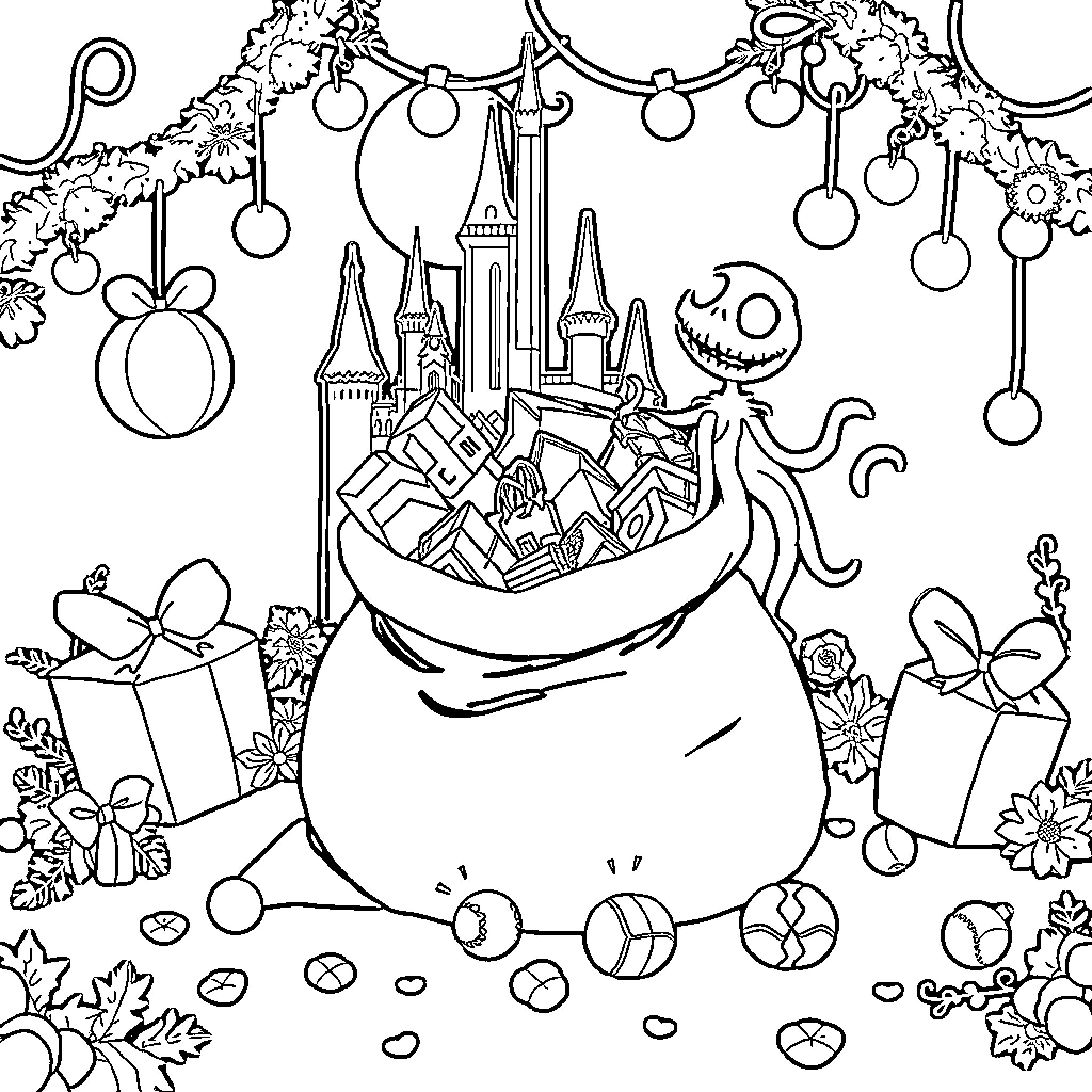 Sack of Halloween Treats and Decorations Coloring Page (free black-and-white line drawing printable PDF for all, from beginners to advanced learners, including children, teens, adults, and seniors)