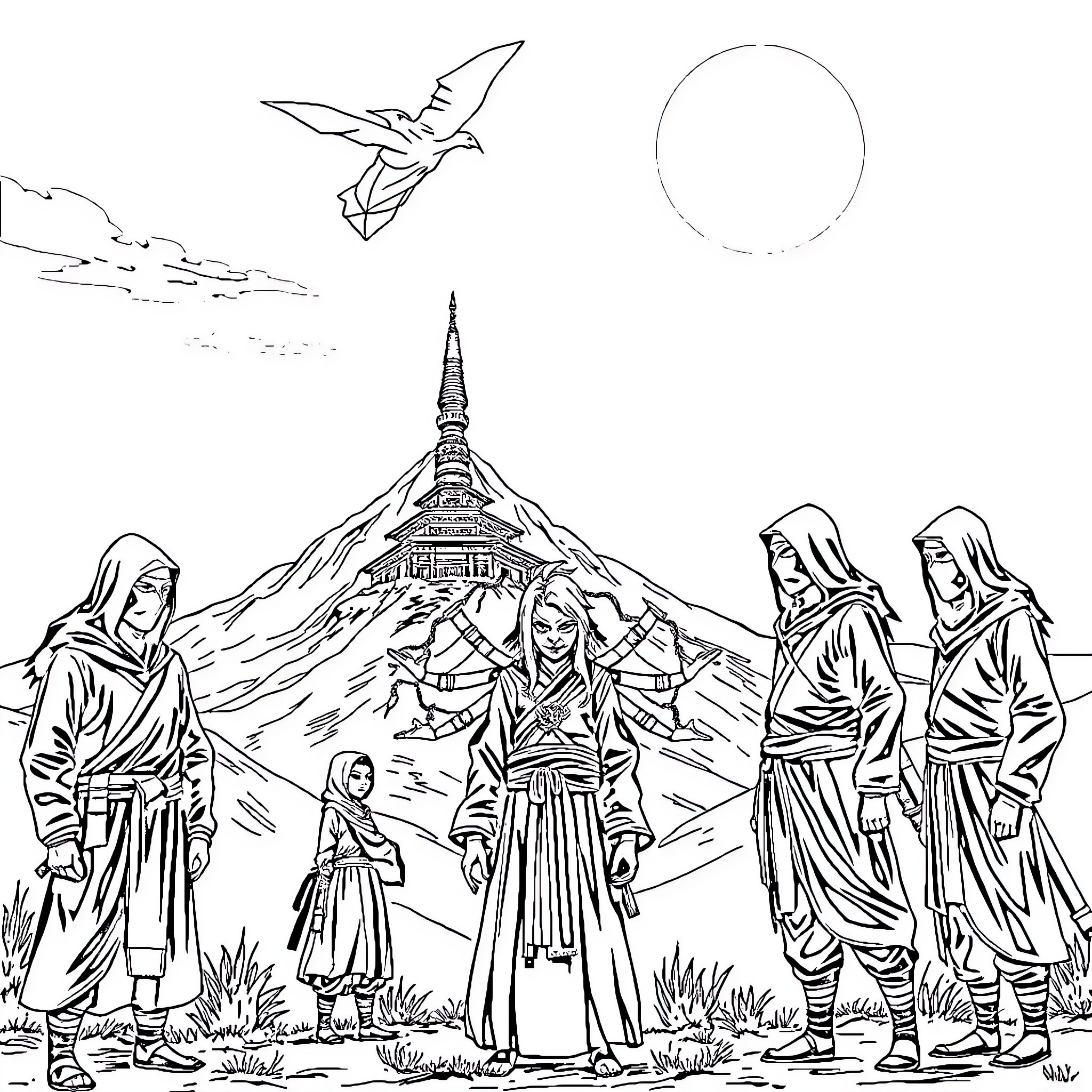 Ninja Gathering in the Mountainous Landscape Coloring Page (free black-and-white line drawing printable PDF for all, from beginners to advanced learners, including children, teens, adults, and seniors)
