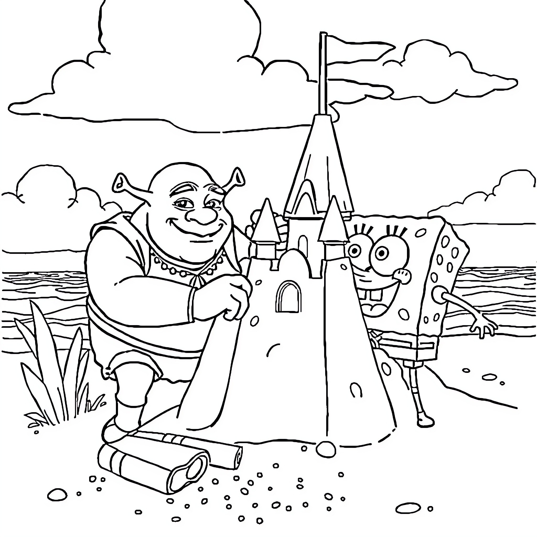 Shrek's castle adventure with fairy tale creatures Coloring Page (free black-and-white line drawing printable PDF for all, from beginners to advanced learners, including children, teens, adults, and seniors)