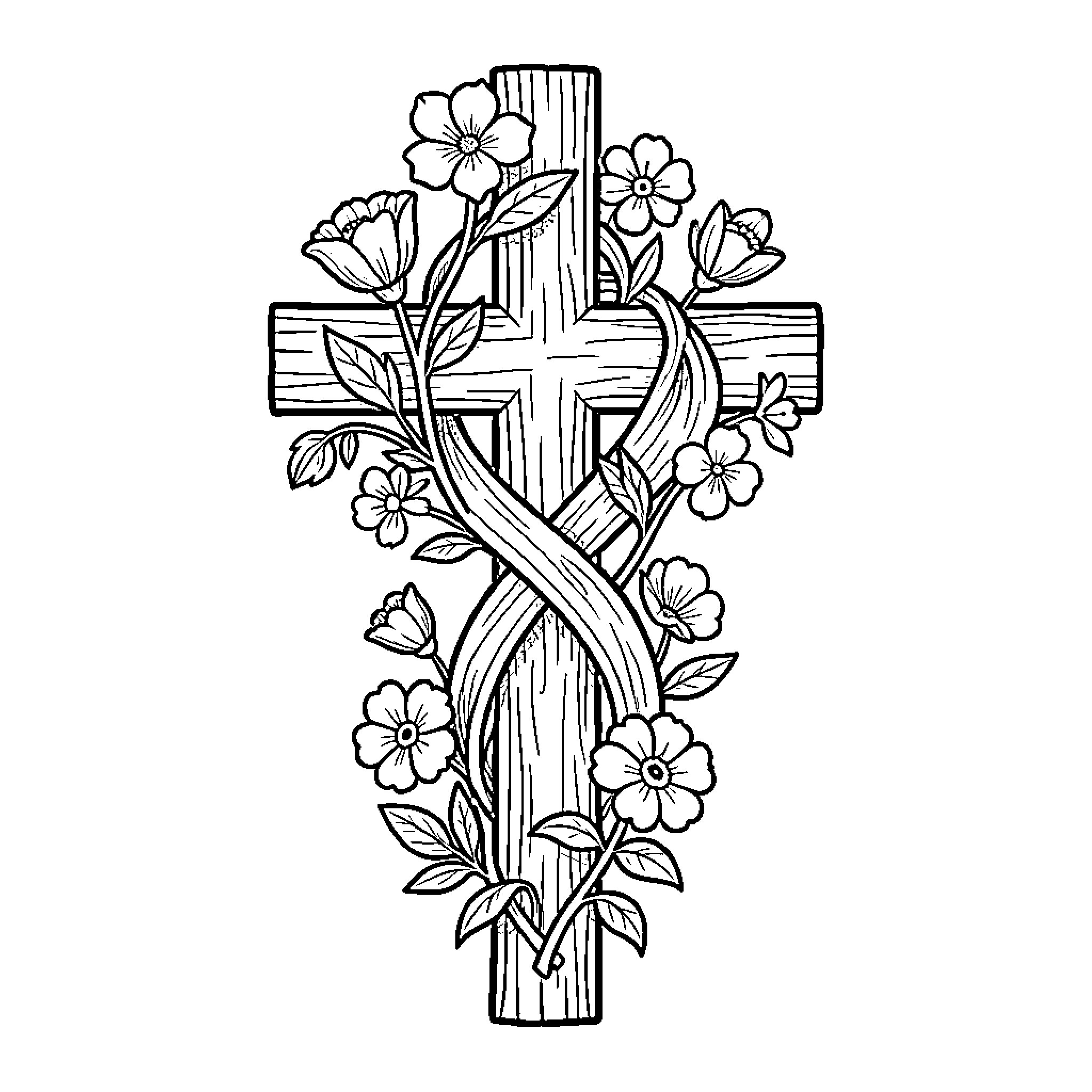 Cross Adorned with Floral Designs Coloring Page (free black-and-white line drawing printable PDF for all, from beginners to advanced learners, including children, teens, adults, and seniors)