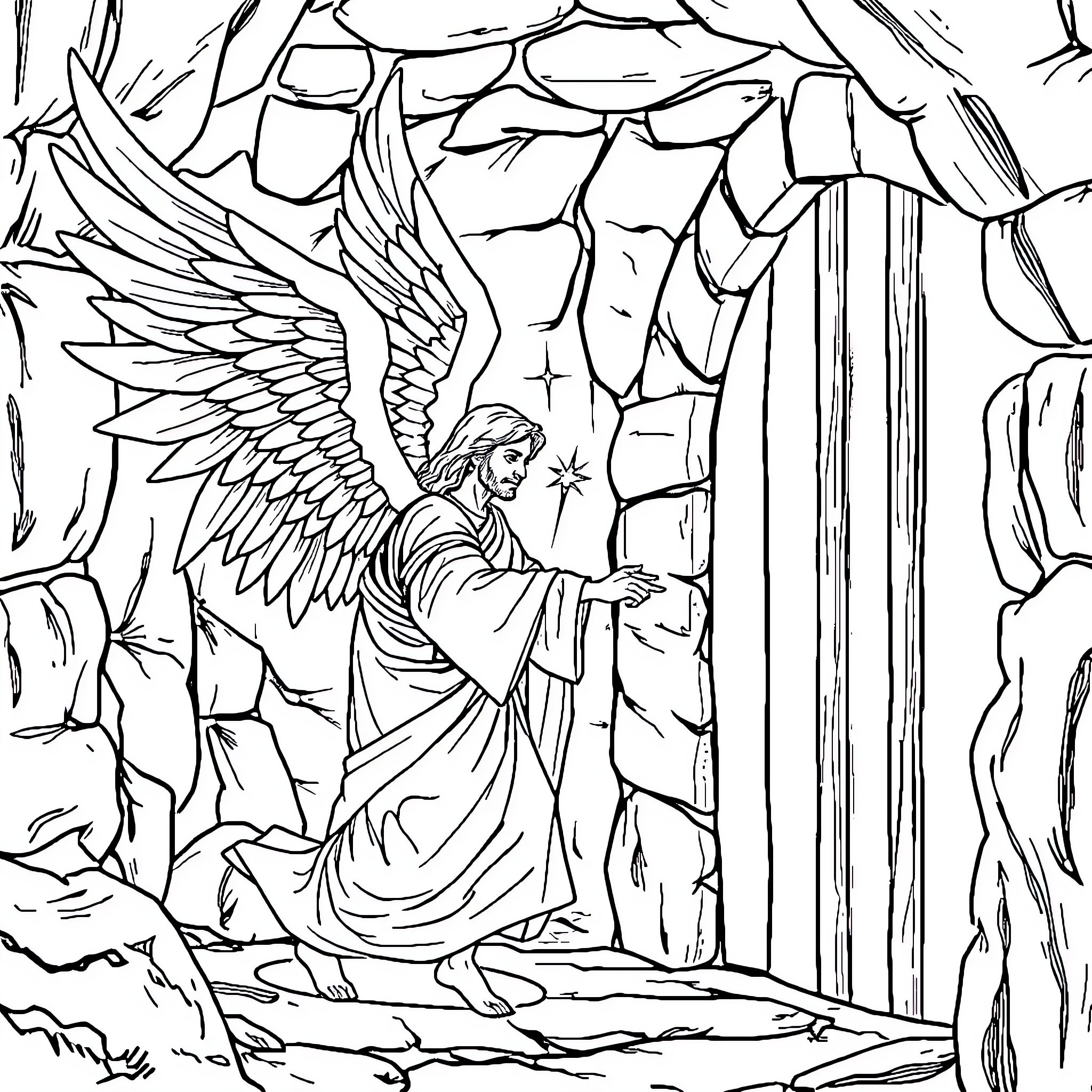 Angel ascending towards the heavens Coloring Page (free black-and-white line drawing printable PDF for all, from beginners to advanced learners, including children, teens, adults, and seniors)