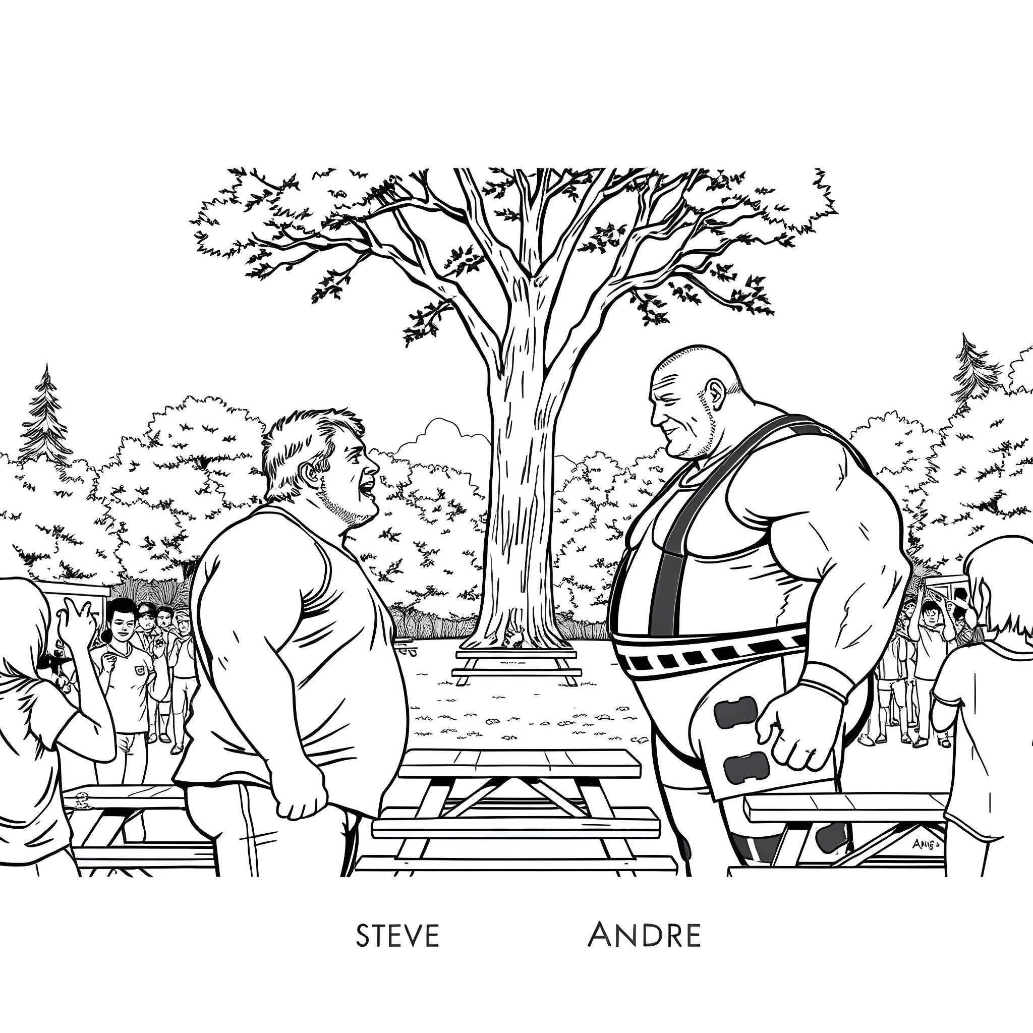 Wrestler's Intense Confrontation in Nature Coloring Page (free black-and-white line drawing printable PDF for all, from beginners to advanced learners, including children, teens, adults, and seniors)