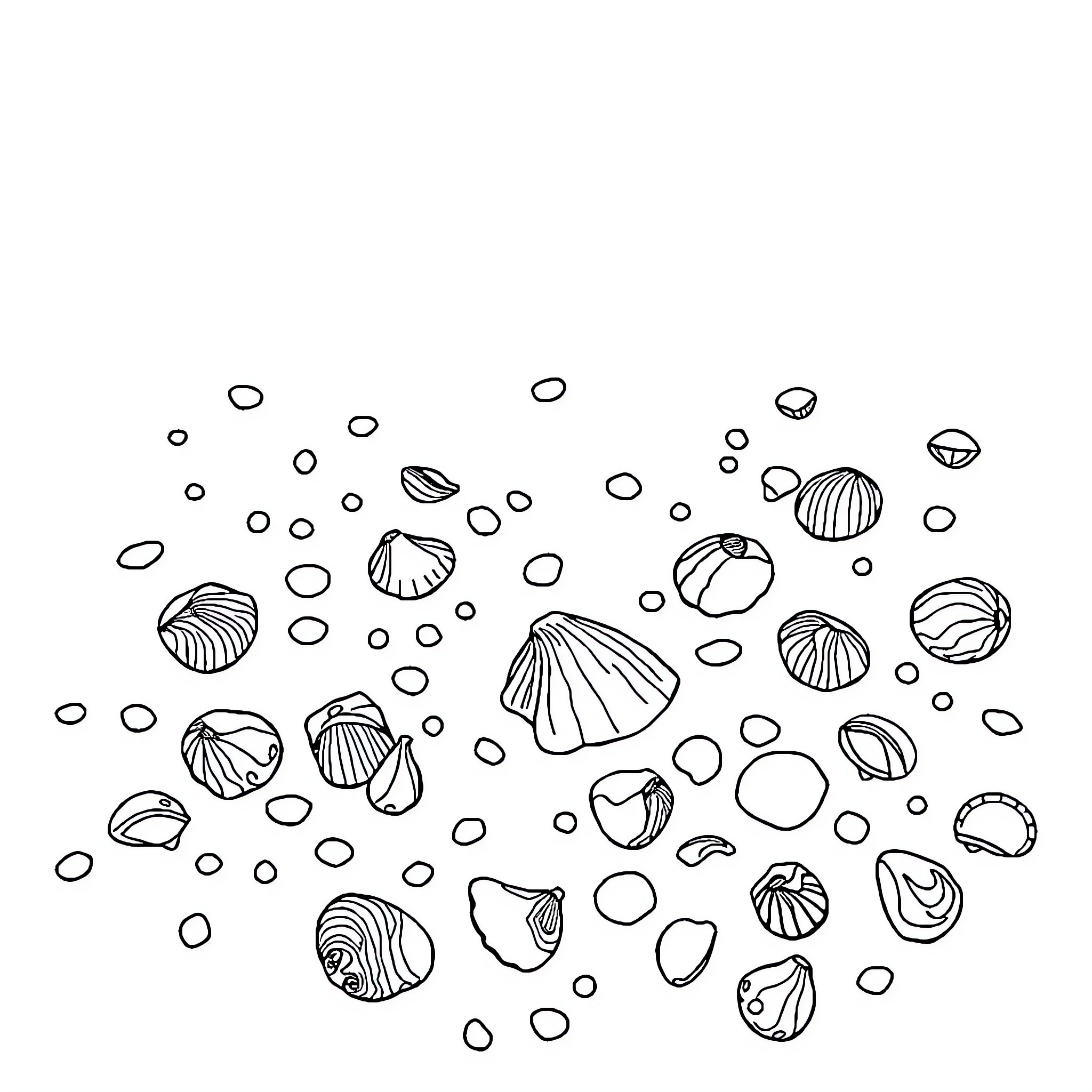 Shell-filled underwater scene with bubbles Coloring Page (free black-and-white line drawing printable PDF for all, from beginners to advanced learners, including children, teens, adults, and seniors)
