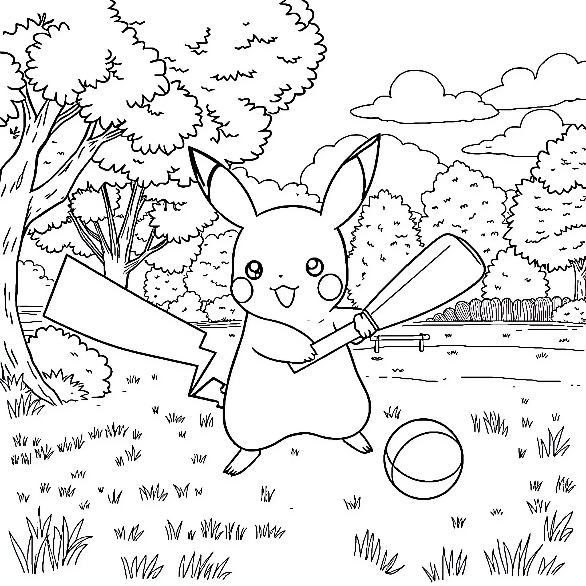 Pikachu playing happily in the forest Coloring Page (free black-and-white line drawing printable PDF for all, from beginners to advanced learners, including children, teens, adults, and seniors)