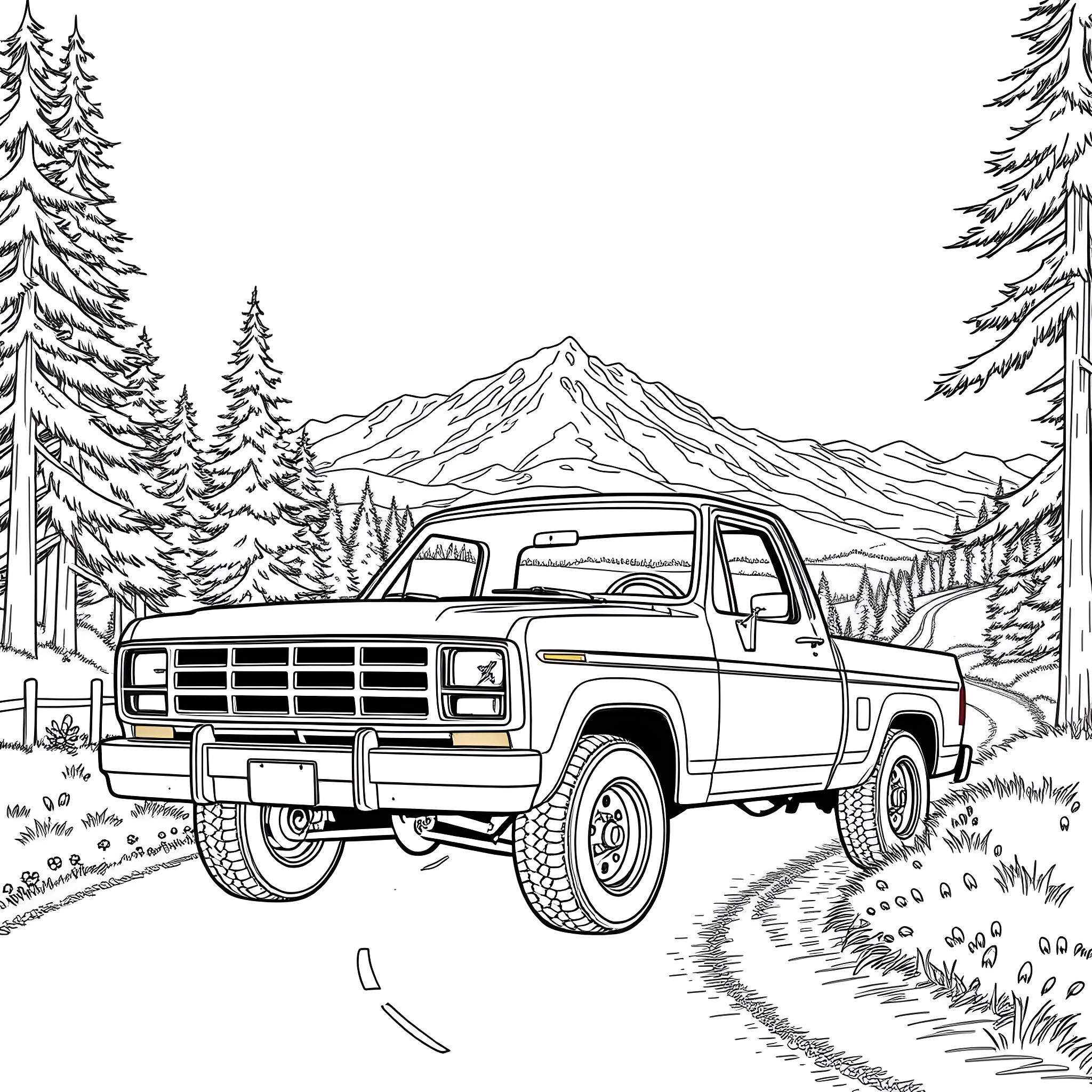 Stepside truck driving through winter landscape Coloring Page (free black-and-white line drawing printable PDF for all, from beginners to advanced learners, including children, teens, adults, and seniors)